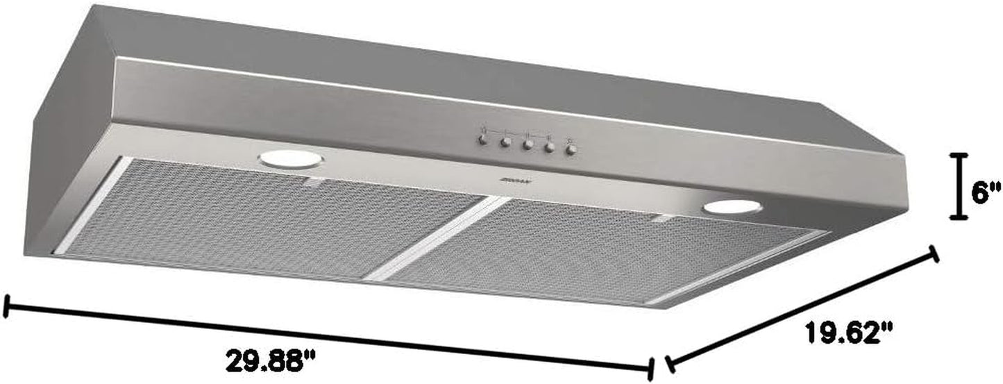 BCSQ130SS Three-Speed Glacier Under-Cabinet Range Hood with LED Lights ADA Capable, 1.5 Sones, 375 Max Blower CFM, 30-Inch, Stainless Steel