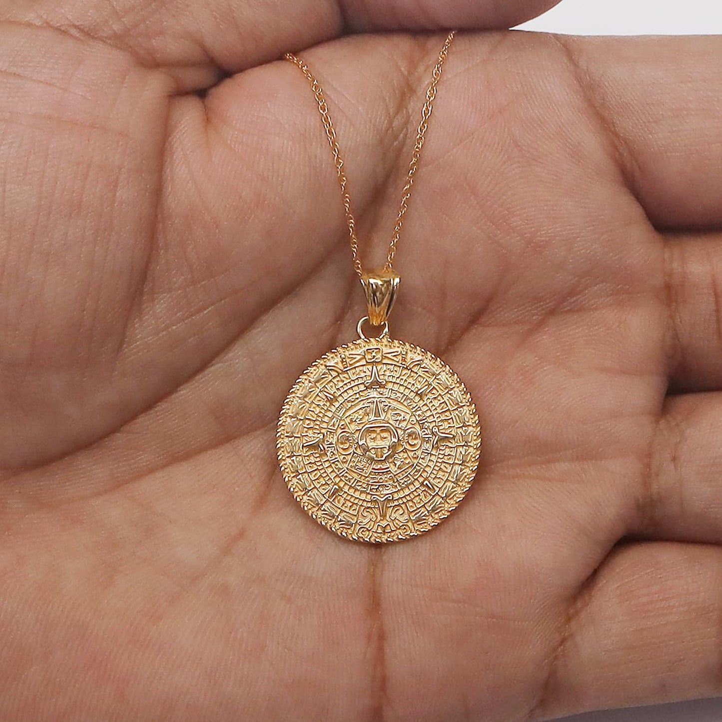Aztec Mayan Sun Calendar Pendant Charm Necklace for Men & Women 14K Gold over Sterling Silver, Medallion Pendant Necklace with 18-Inch Rope Chain