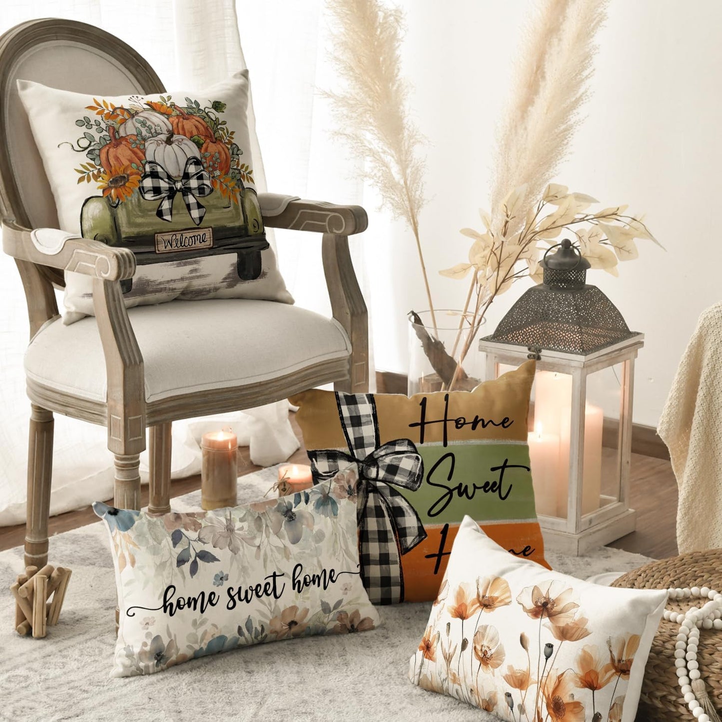 Fall Pumpkin Truck Sunflowers Home Sweet Home Throw Pillow Covers, 18 X 18 Inch Autumn Thankful Grateful Blessed Harvest Floral Decorations for Sofa Couch Set of 4