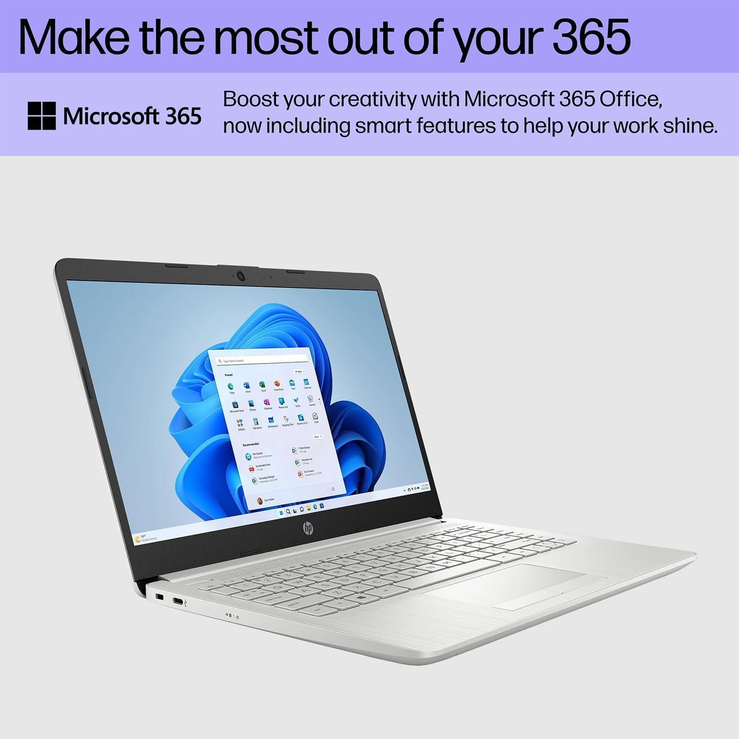 Portable Laptop, Student and Business, 14" HD Display, Intel Quad-Core N4120, 8GB DDR4 RAM, 64GB Emmc, 1 Year Office 365, Webcam, RJ-45, HDMI, Wi-Fi, Windows 11 Home, Silver
