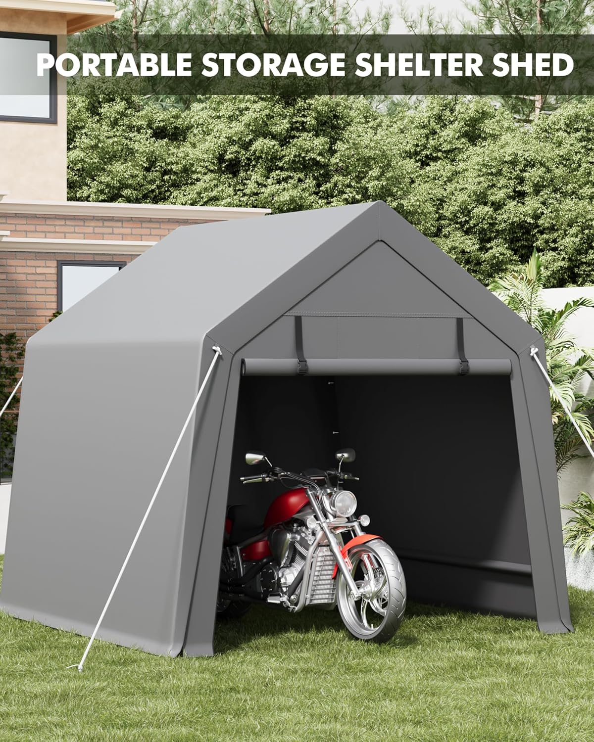6 X 8 Ft Carport Storage Shed, Portable Garage with Roll-Up Zipper Door, Heavy Duty Waterproof Tarp, Storage for Motorcycle, Bike, Firewood, Garden Tools