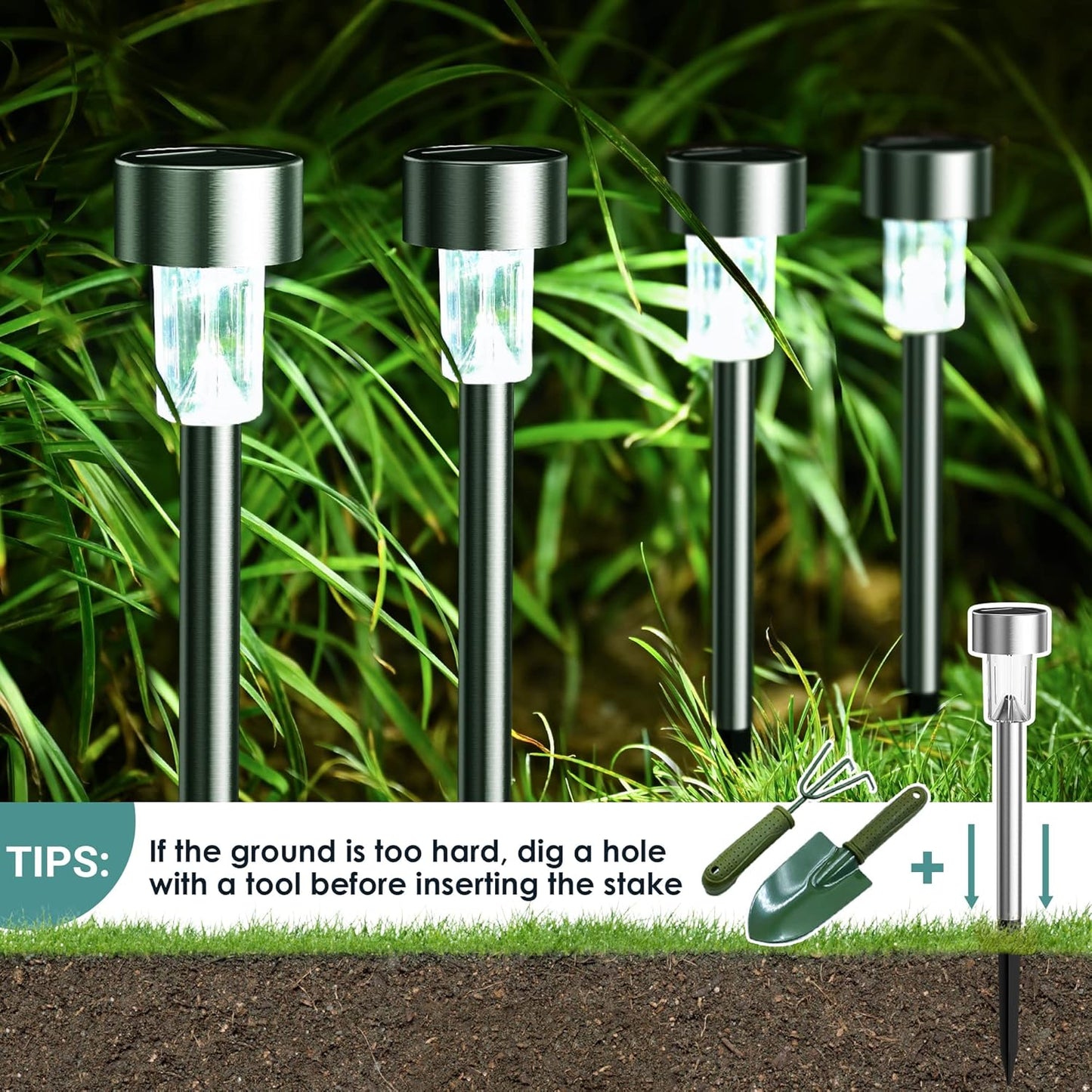 Solar Lights Outdoor Waterproof, 12 Pack, Stainless Steel LED Solar Garden Lights for Patio, Lawn, Yard and Landscape, Cold White