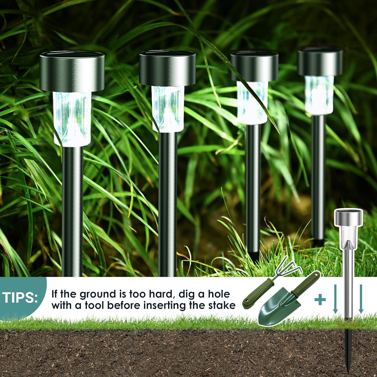 Solar Lights Outdoor Waterproof, 12 Pack, Stainless Steel LED Solar Garden Lights for Patio, Lawn, Yard and Landscape, Cold White