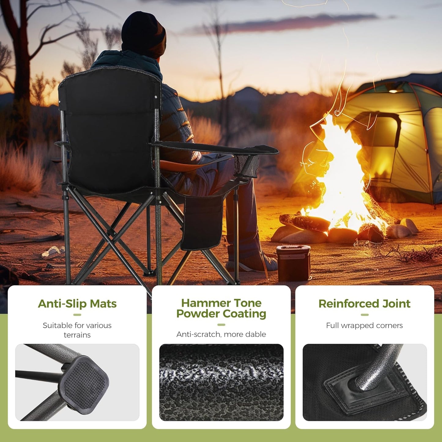 Oversized Camping Folding Chair, Heavy Duty Support 450 LBS Steel Frame Collapsible Padded Arm Chair with Cup Holder Quad Lumbar Back, Portable for Outdoor