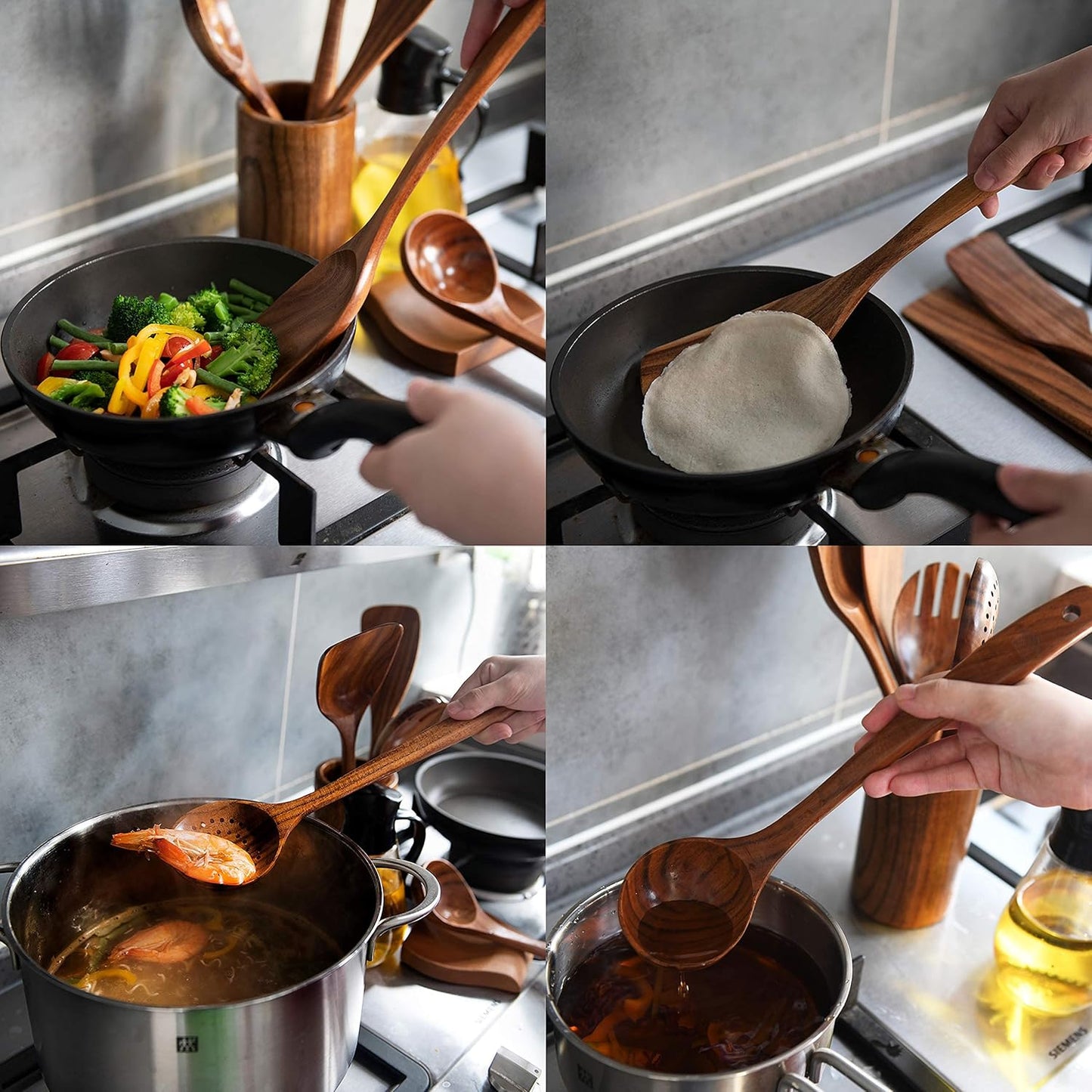 Wooden Spoons for Cooking, Wooden Cooking Utensils Set, Wooden Utensil Set with Holder, Spoon Rest & Hooks, Kitchen Gifts for Women, Kitchen Cookware – Durable Set of 8Pcs by Woodenhouse