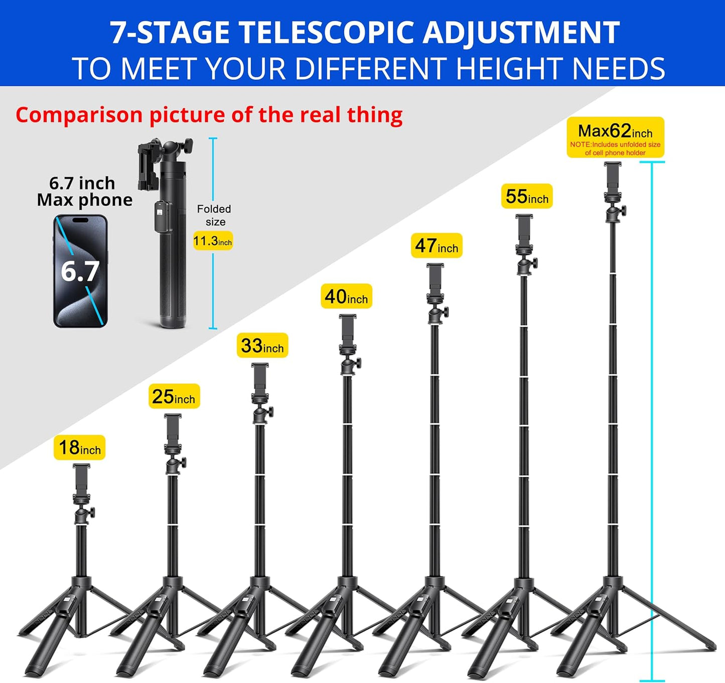 Selfie Stick,Long Extendable Selfie Stick Tripod,62 Phone Tripod with Wireless Remote Shutter,Group Selfies/Live Streaming/Video Recording Compatible with All Cellphones