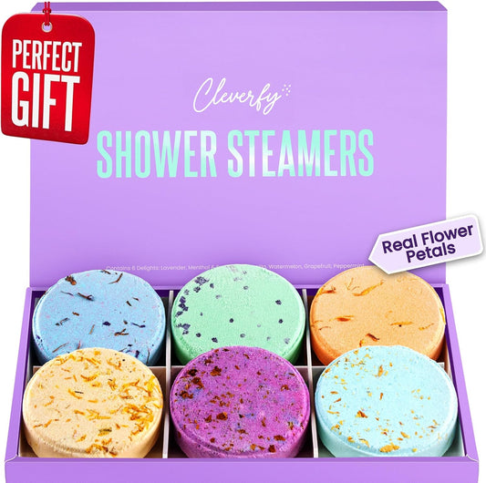 Premium Aromatherapy Shower Steamers - Holiday Gift Set for Women and Teens, Featuring 6 Essential Oil Infused Shower Bombs in Purple