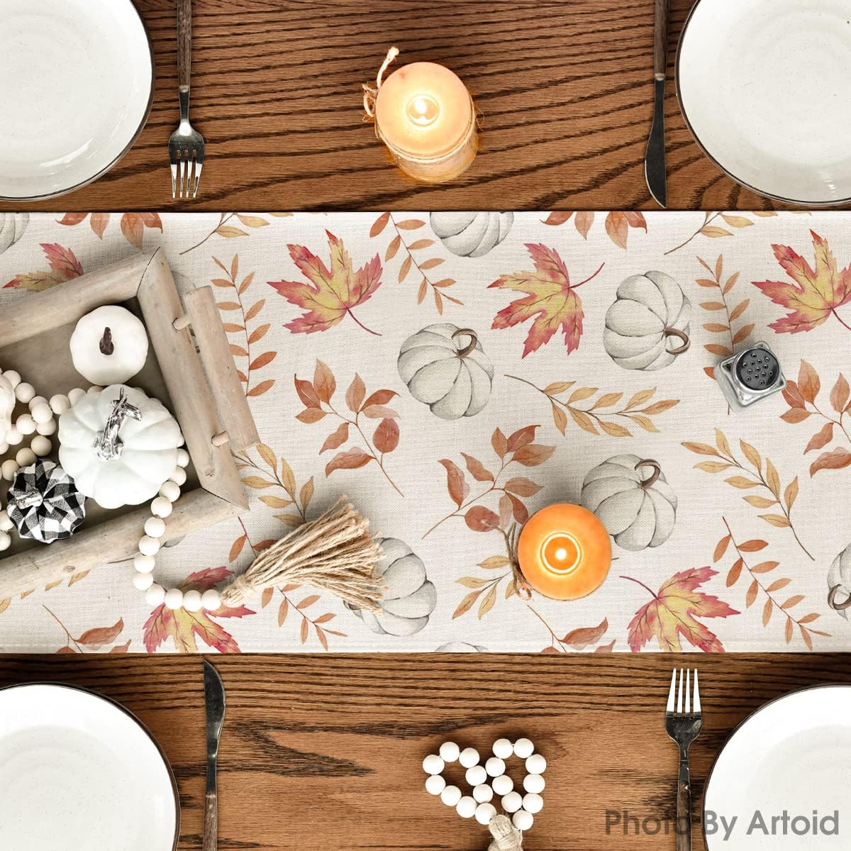Orange Pumpkins Fall Maple Leaves Fall Table Runner, Seasonal Autumn Kitchen Dining Table Decoration for Home Party Decor 13X72 Inch