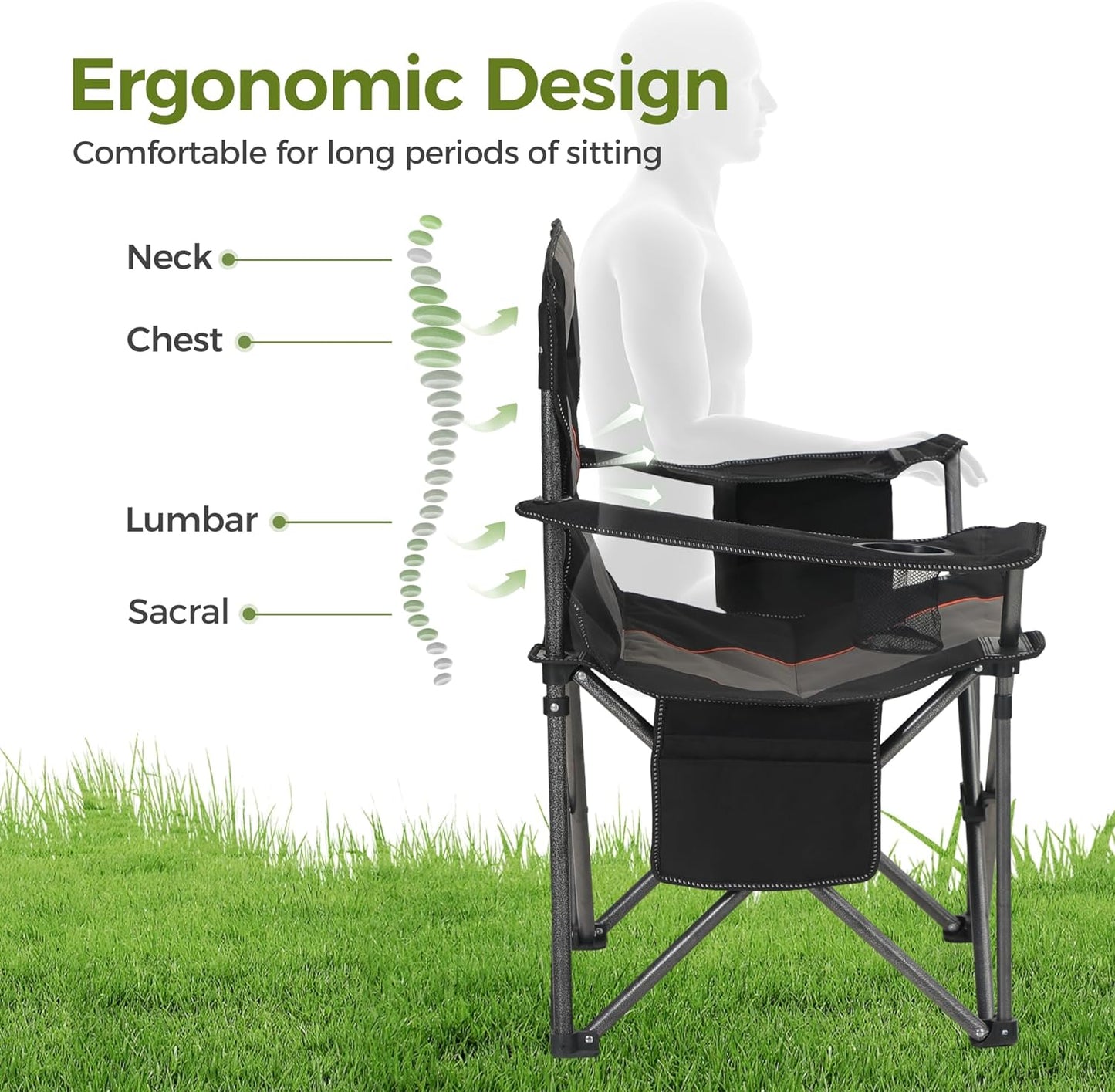 Oversized Camping Folding Chair, Heavy Duty Support 450 LBS Steel Frame Collapsible Padded Arm Chair with Cup Holder Quad Lumbar Back, Portable for Outdoor