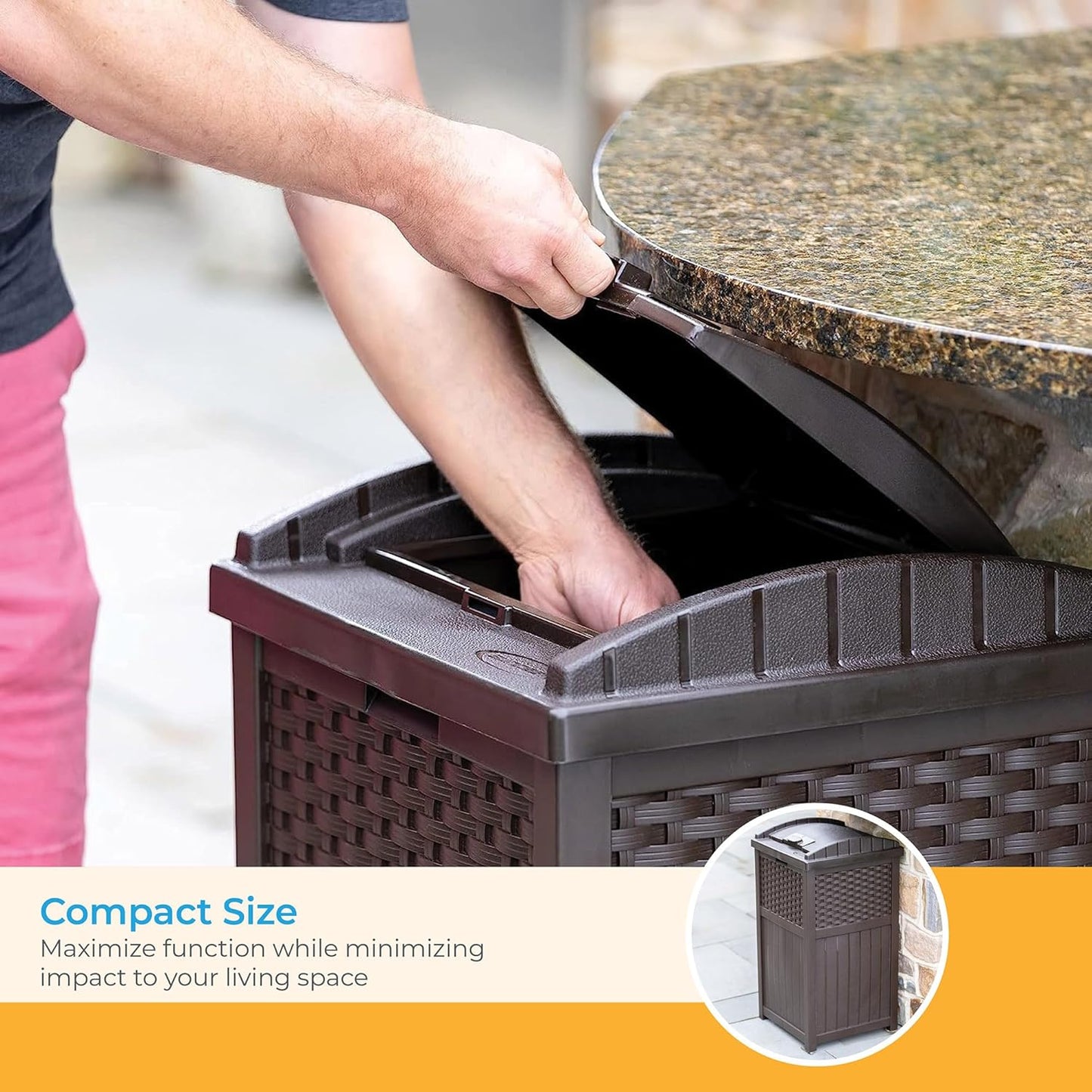 33 Gallon Hideaway Can Resin Outdoor Trash with Lid Use in Backyard, Deck, or Patio, 33-Gallon, Brown