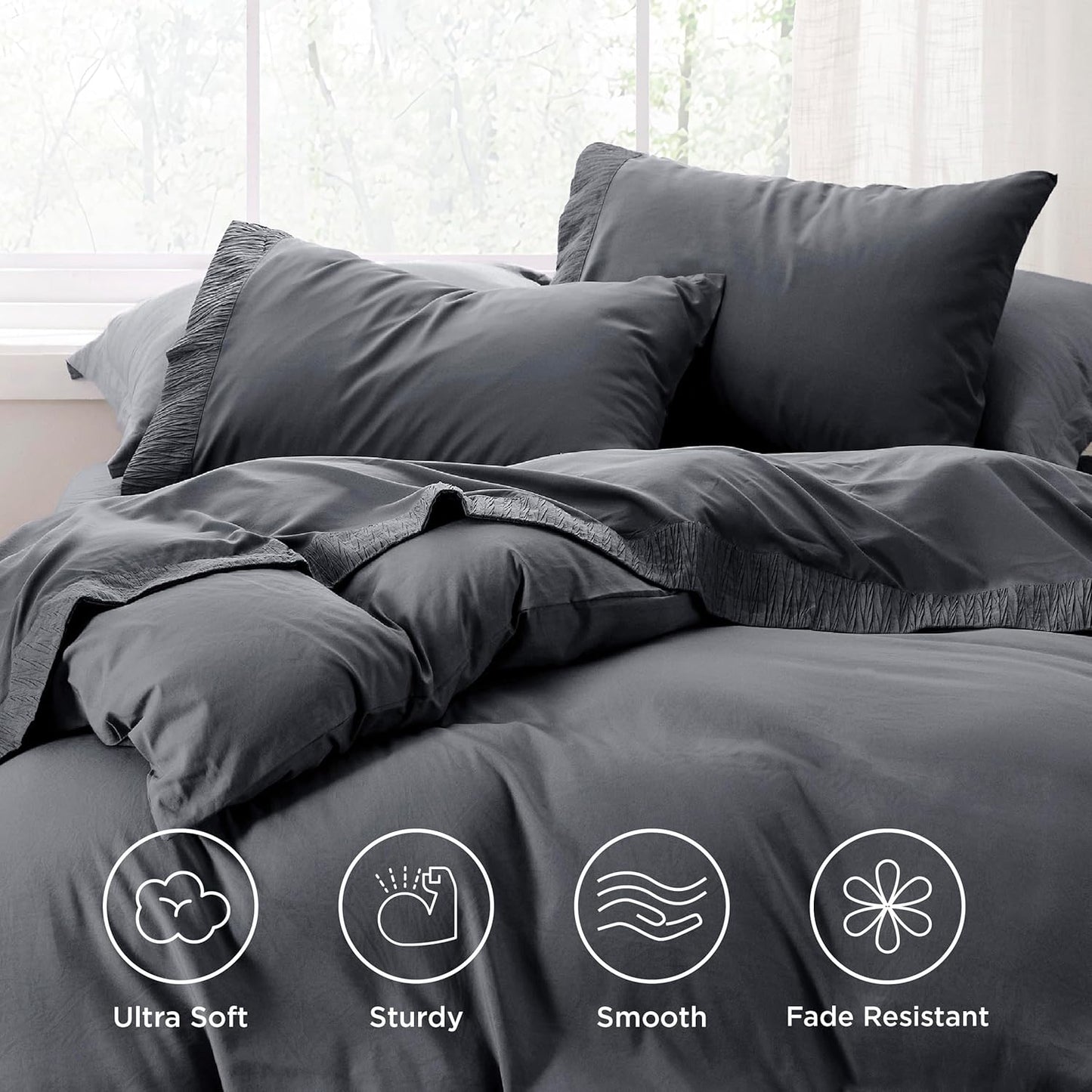 Queen Sheets Grey - Soft Sheets for Queen Size Bed, 4 Pieces Hotel Luxury Queen Sheet Set, Easy Care Polyester Microfiber Cooling Bed Sheet Set