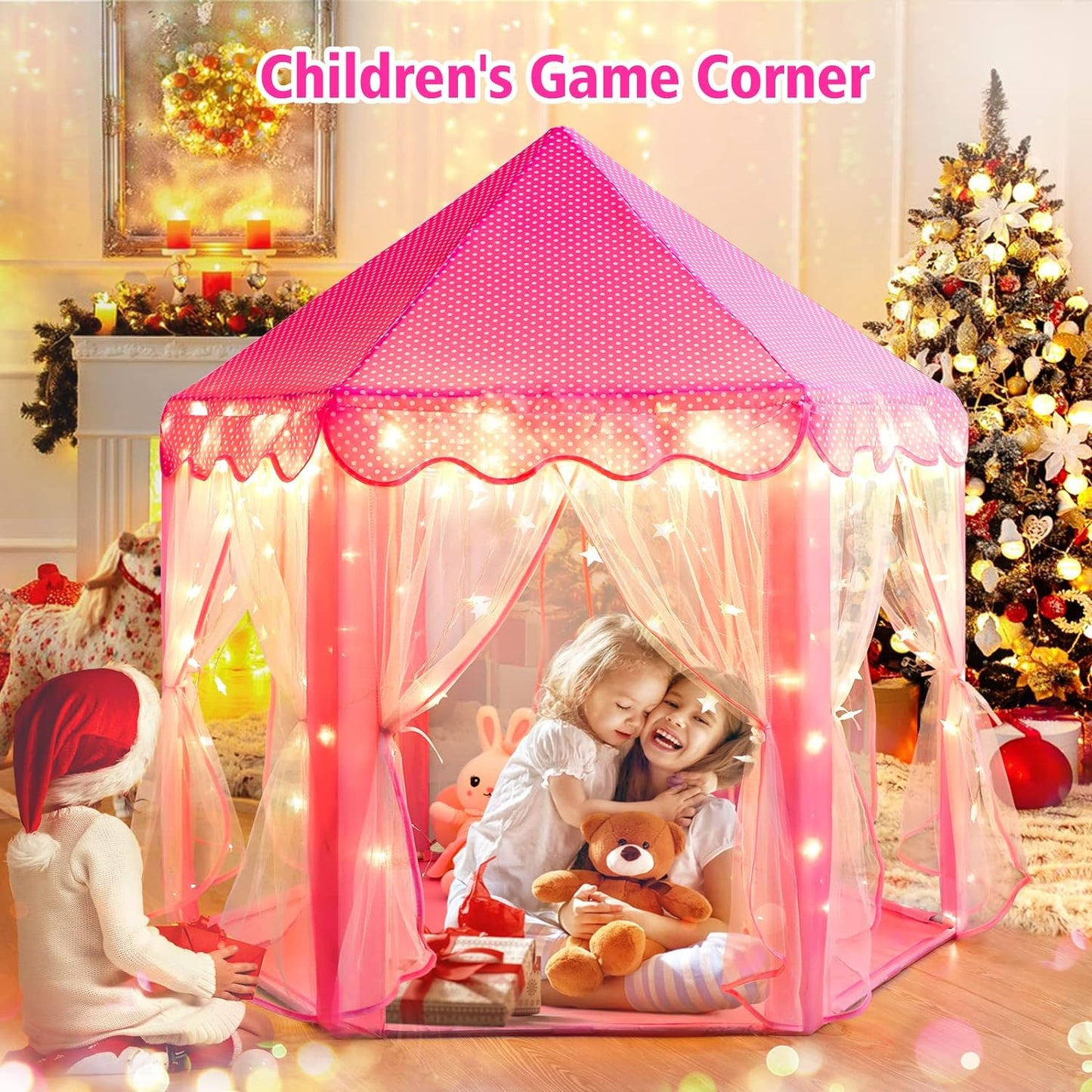 Princess Tent Girls Large Playhouse Kids Castle Play Tent with Star Lights Toy for Children Indoor and Outdoor Games, 55'' X 53'' (Dxh)