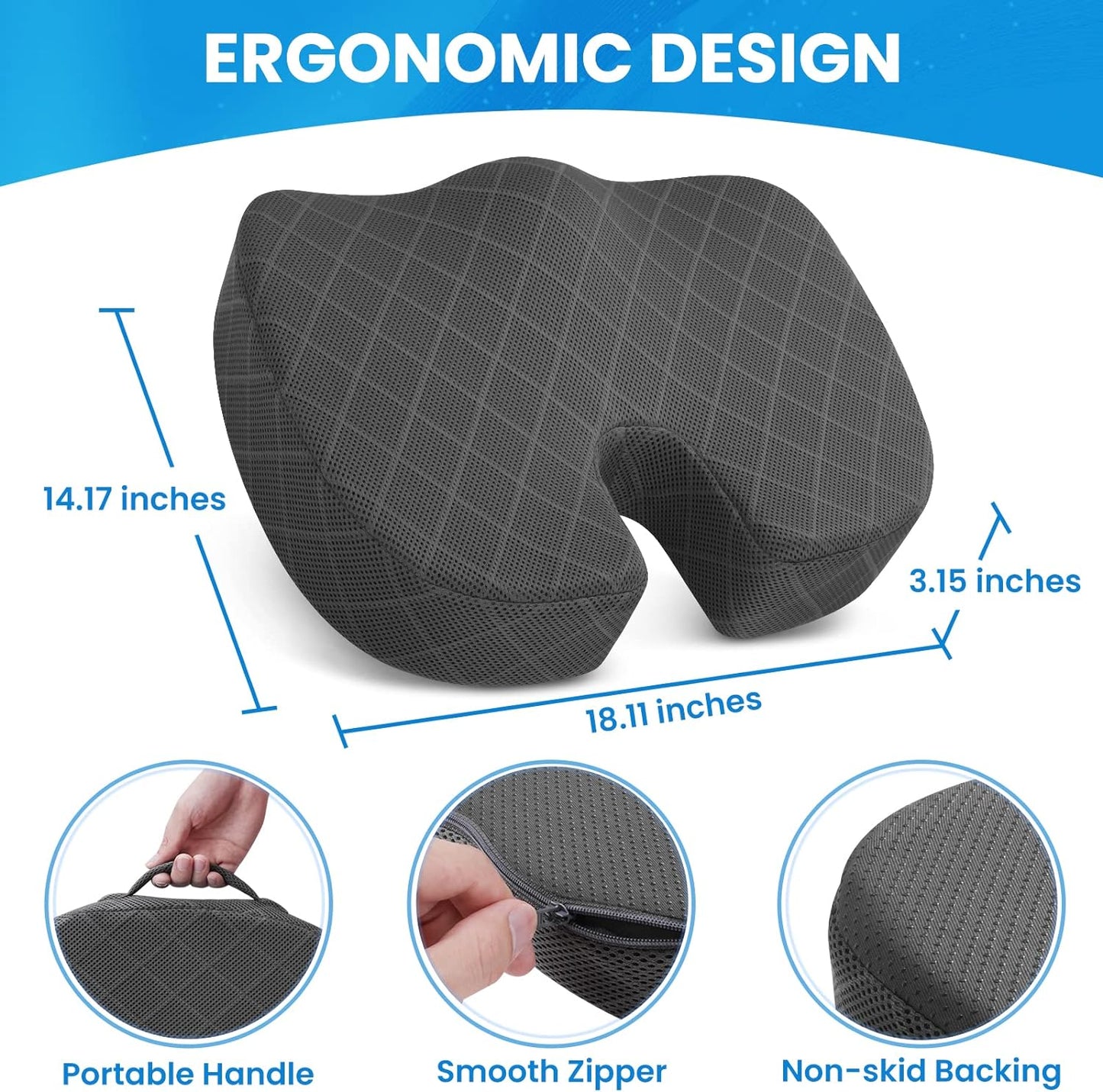 Seat Cushion - Memory Foam Cushion for Office Chair, Car Seat, Airplane, Bleacher - Sciatica & Hip & Coccyx Pain Relief Desk Chair Cushion for Long Sitting Office Workers, Car Drivers