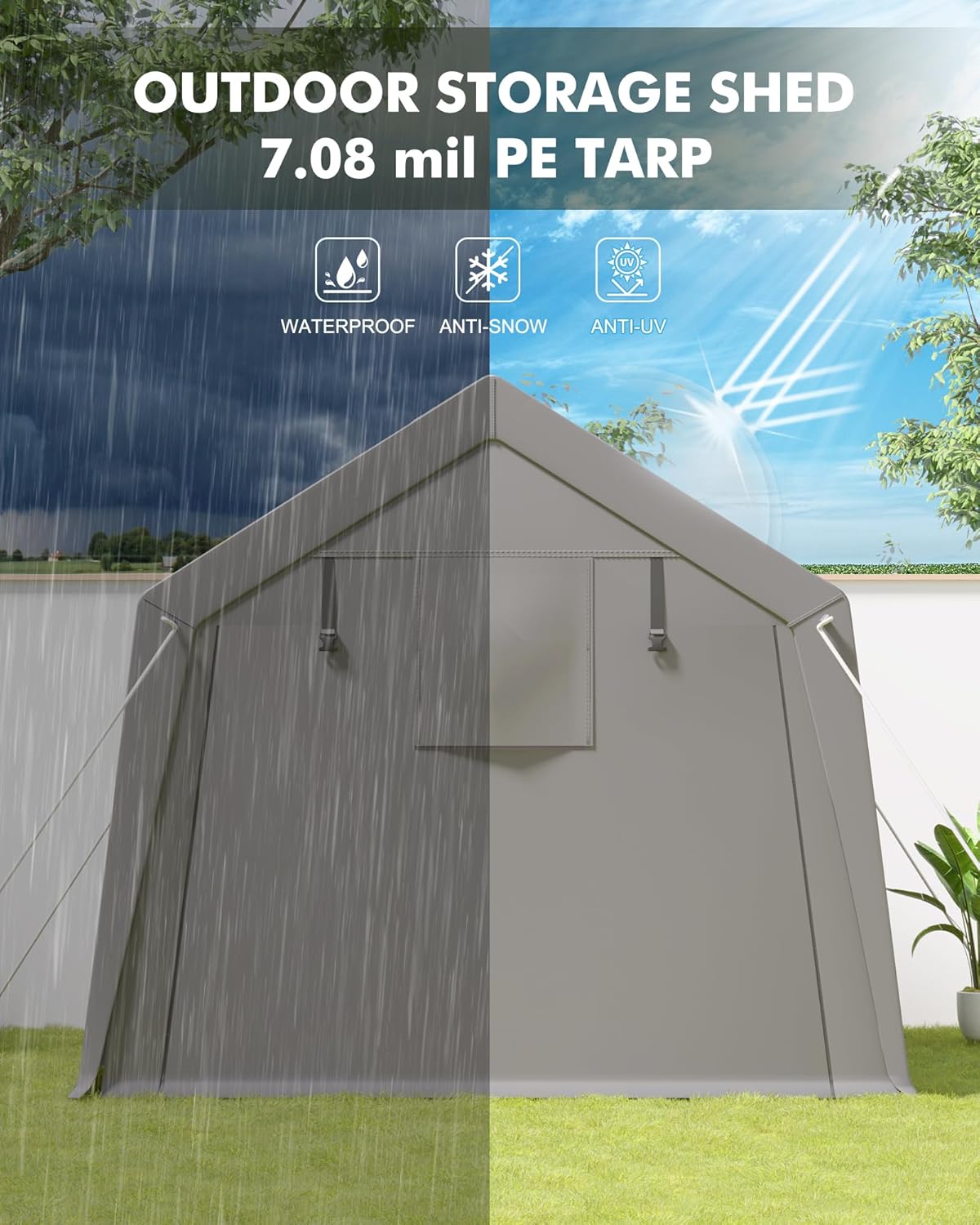 6 X 8 Ft Carport Storage Shed, Portable Garage with Roll-Up Zipper Door, Heavy Duty Waterproof Tarp, Storage for Motorcycle, Bike, Firewood, Garden Tools