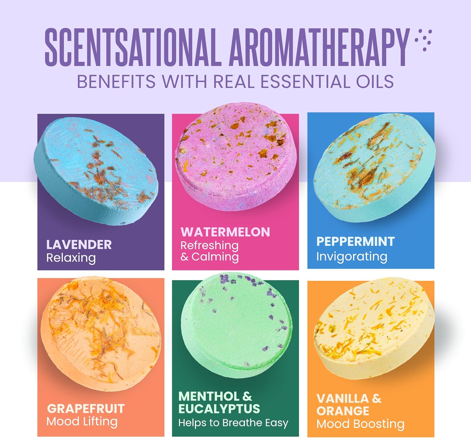 Premium Aromatherapy Shower Steamers - Holiday Gift Set for Women and Teens, Featuring 6 Essential Oil Infused Shower Bombs in Purple