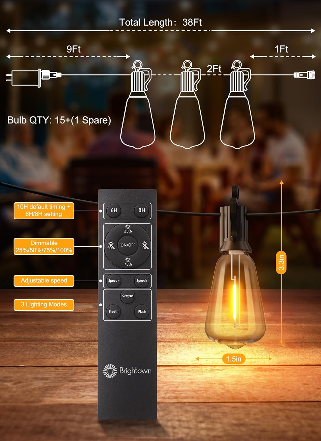 Outdoor String Lights with Remote, 38FT LED Patio Lights with 16 Shatterproof ST38 LED Bulbs, Waterproof outside Hanging Lights for Backyard Garden Porch Party Decor, 2700K