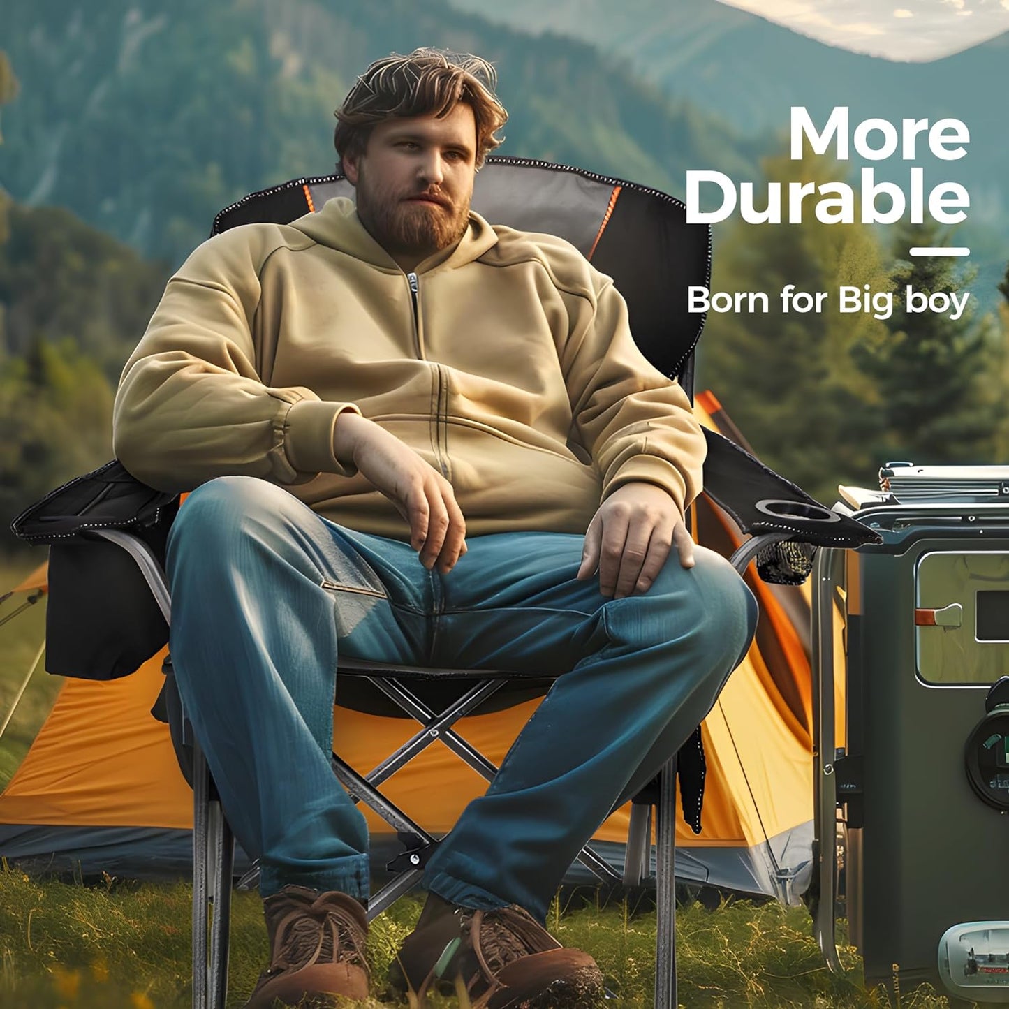 Oversized Camping Folding Chair, Heavy Duty Support 450 LBS Steel Frame Collapsible Padded Arm Chair with Cup Holder Quad Lumbar Back, Portable for Outdoor
