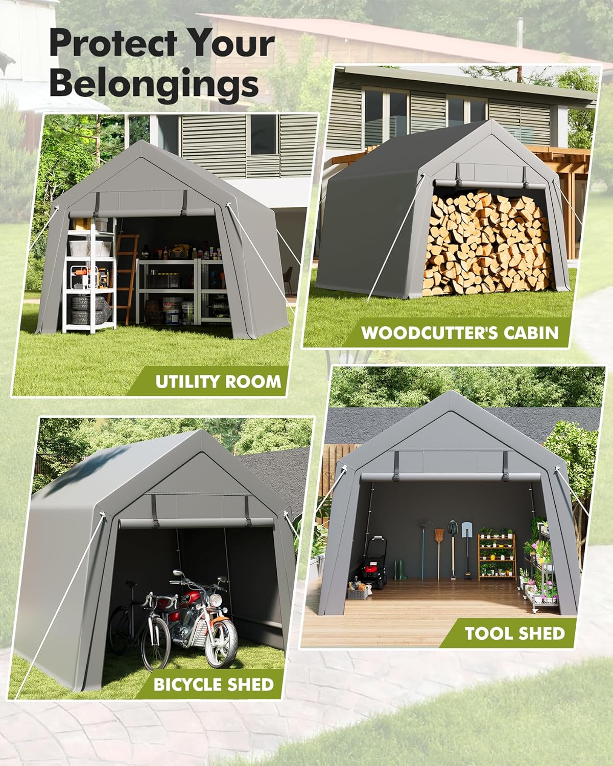 6 X 8 Ft Carport Storage Shed, Portable Garage with Roll-Up Zipper Door, Heavy Duty Waterproof Tarp, Storage for Motorcycle, Bike, Firewood, Garden Tools