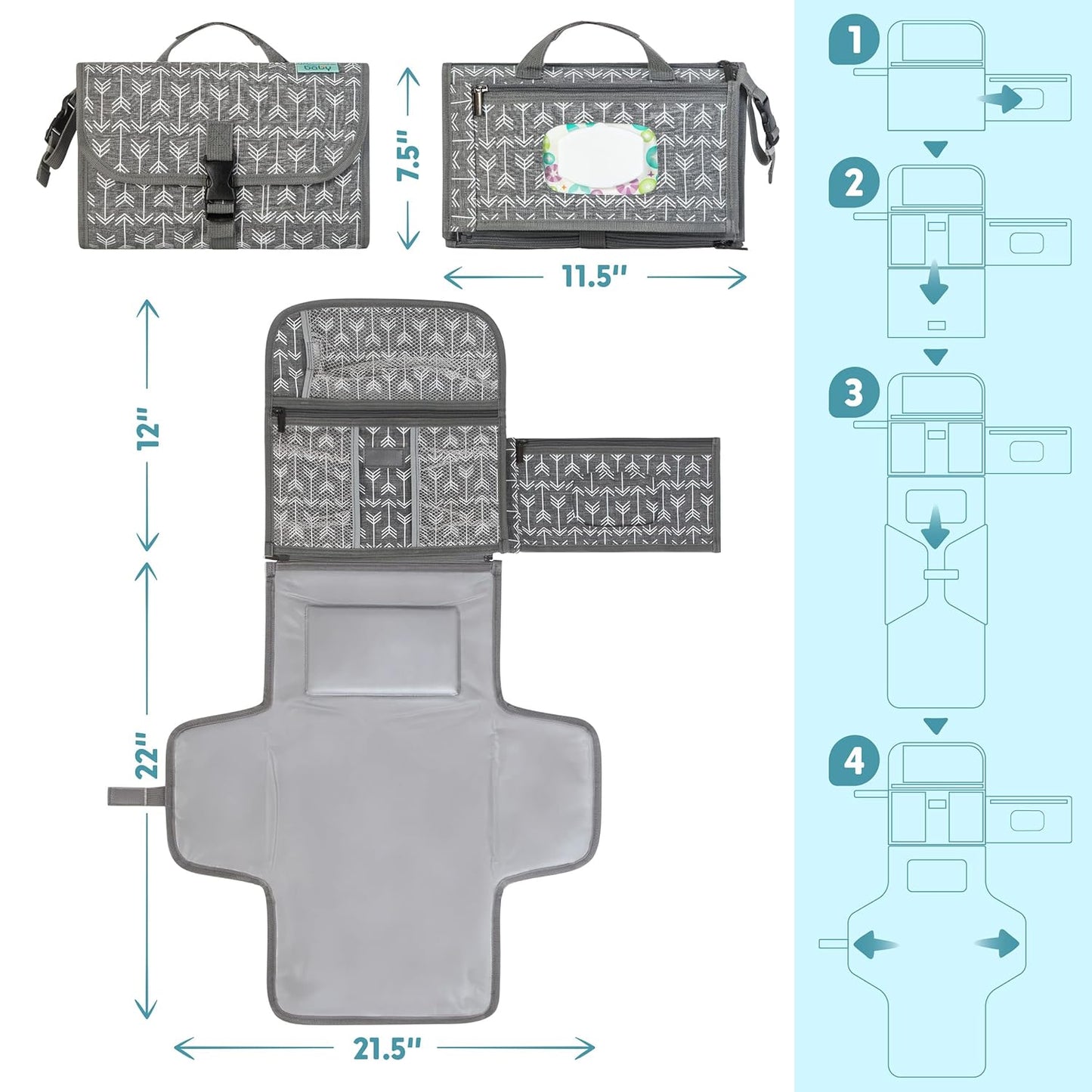 Portable Diaper Changing Pad - Baby Changing Pad & Diaper Changer Travel Bag, Smart Design Baby Changing Mat, Portable Changing Pad for Baby - Baby Changing Station, Infant Gift - Grey Arrow