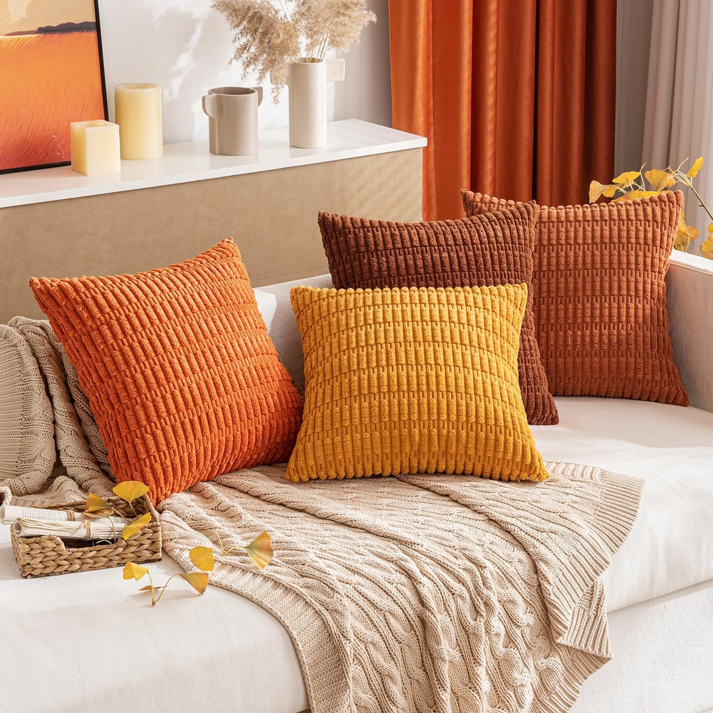 Pack of 2 Corduroy Decorative Throw Pillow Covers 18X18 Inch Soft Boho Striped Fall Pillow Covers Modern Farmhouse Home Decor for Sofa Living Room Couch Bed Rust