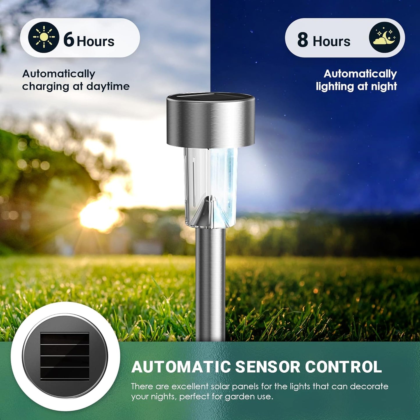 Solar Lights Outdoor Waterproof, 12 Pack, Stainless Steel LED Solar Garden Lights for Patio, Lawn, Yard and Landscape, Cold White