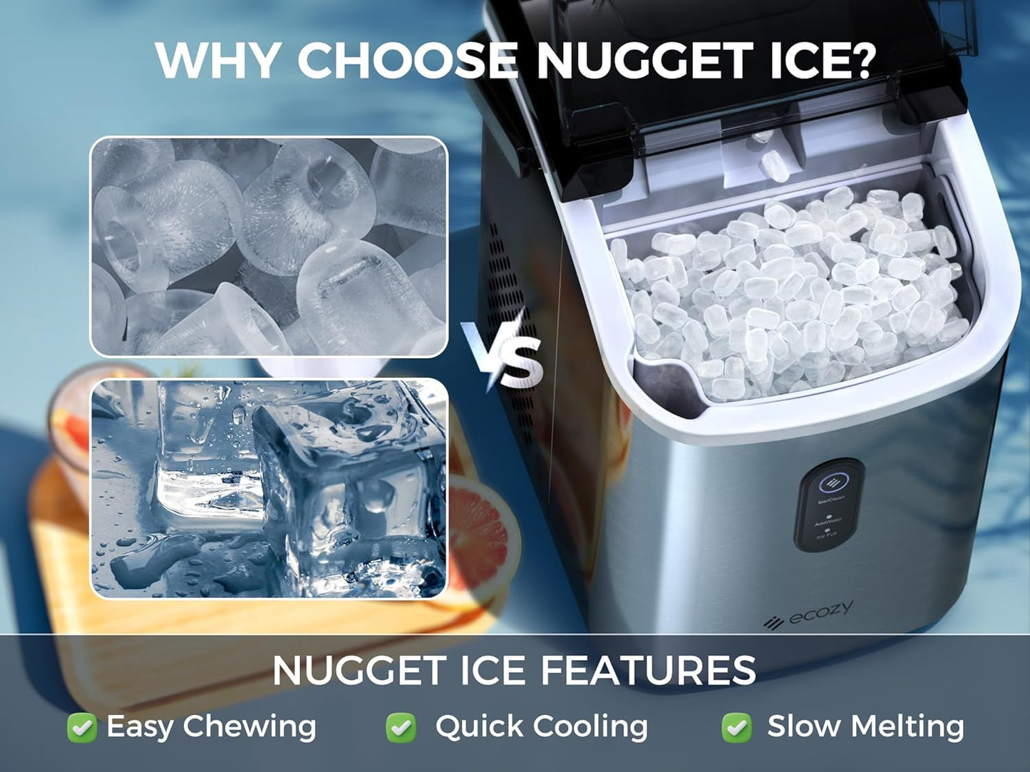 Nugget Ice Maker Countertop - Chewable Pellet Ice Cubes, 33 Lbs Daily Output, Stainless Steel Housing, Self-Cleaning Ice Machine with Ice Bags for Parties, Kitchen, Bar, Office, Silver