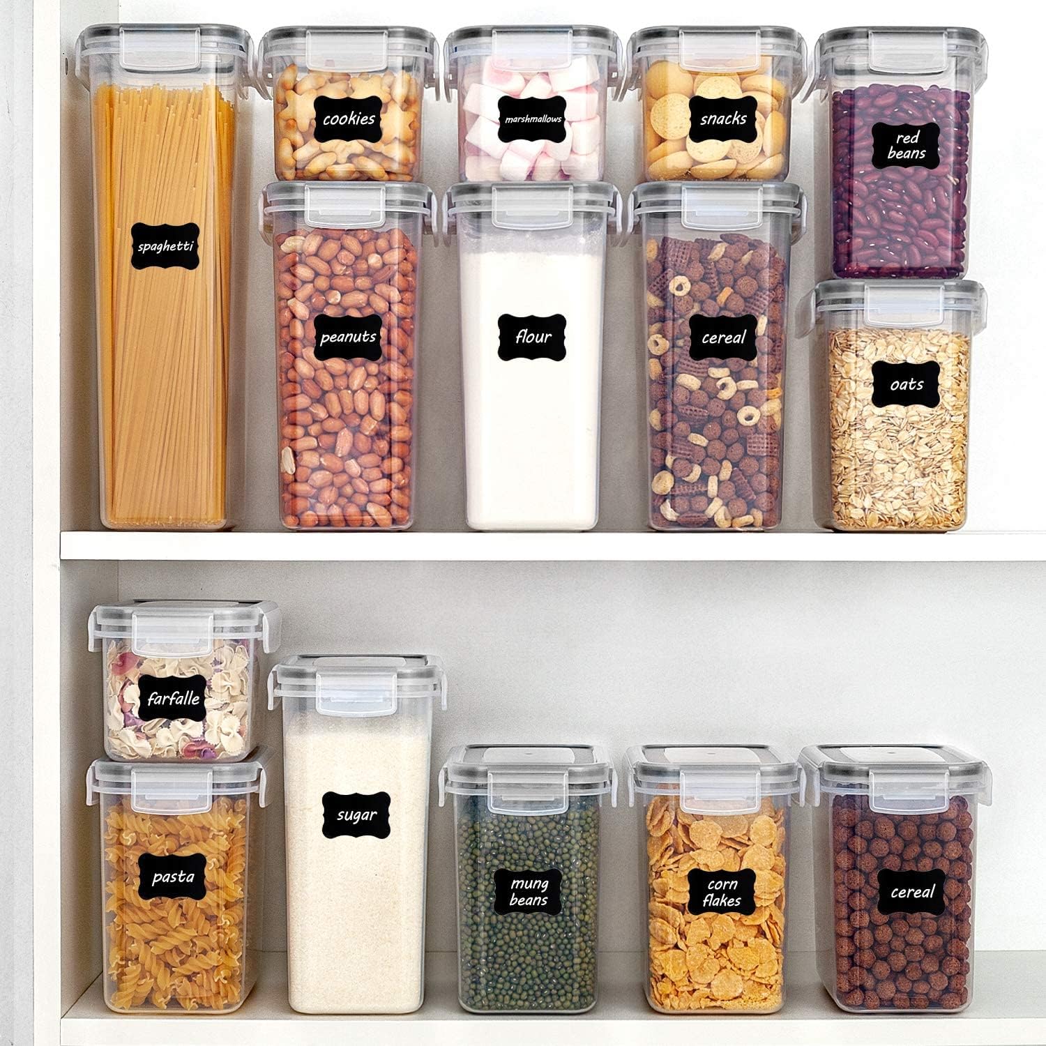 Airtight Food Storage Containers with Lids,  24 Pcs Plastic Kitchen and Pantry Organization Canisters for Cereal, Dry Food, Flour and Sugar, BPA Free, Includes 24 Labels,Black