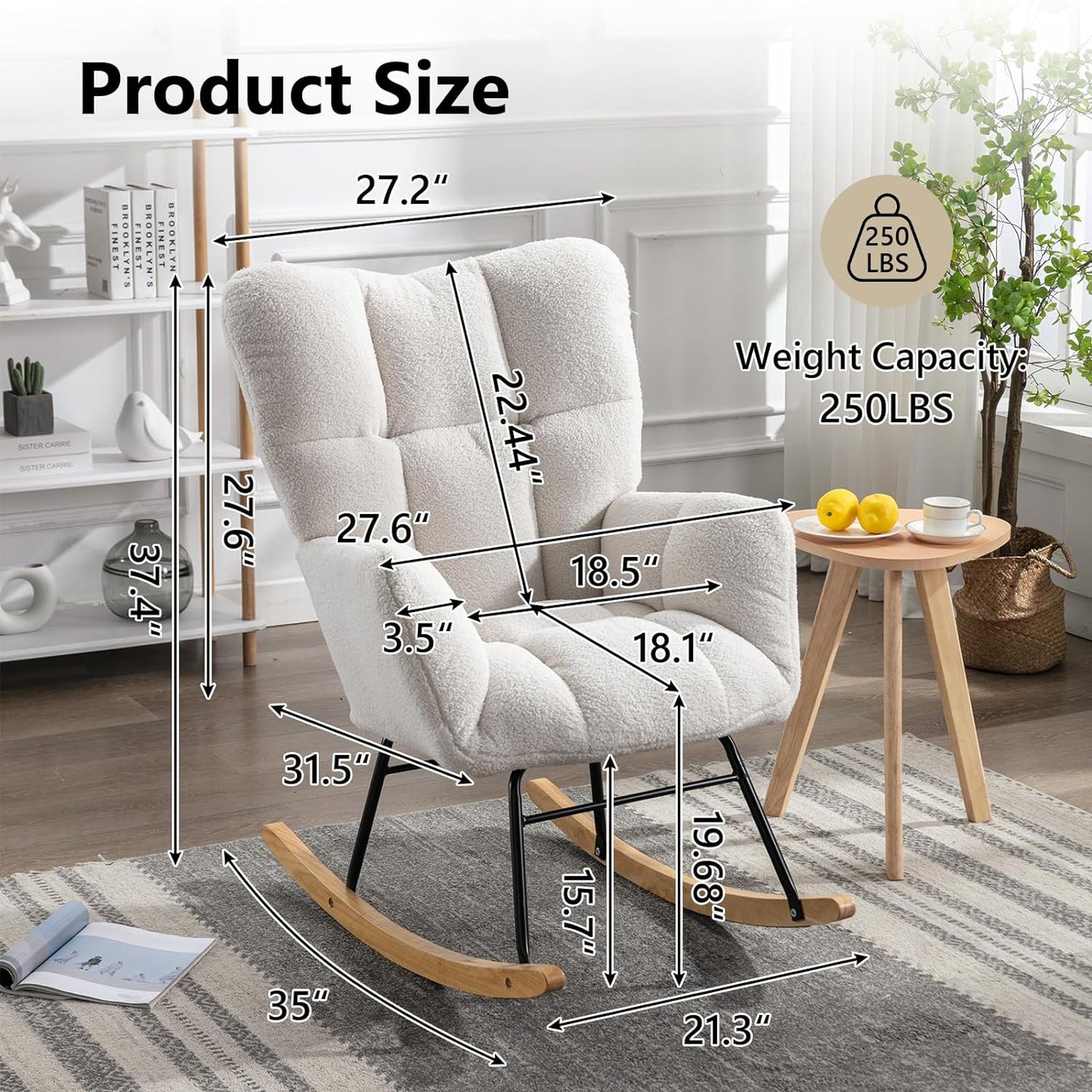 Nursery Rocking Chair Teddy Upholstered Glider Rocker Rocking Accent Chair Padded Seat with High Backrest Armchair Comfy Side Chair for Living Room Bedroom Offices (Ivory Teddy)