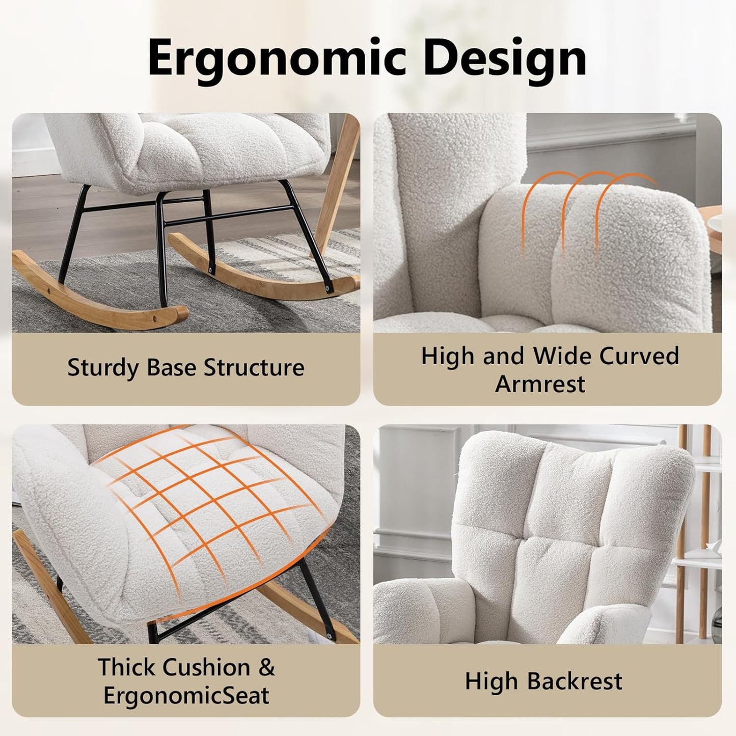 Nursery Rocking Chair Teddy Upholstered Glider Rocker Rocking Accent Chair Padded Seat with High Backrest Armchair Comfy Side Chair for Living Room Bedroom Offices (Ivory Teddy)