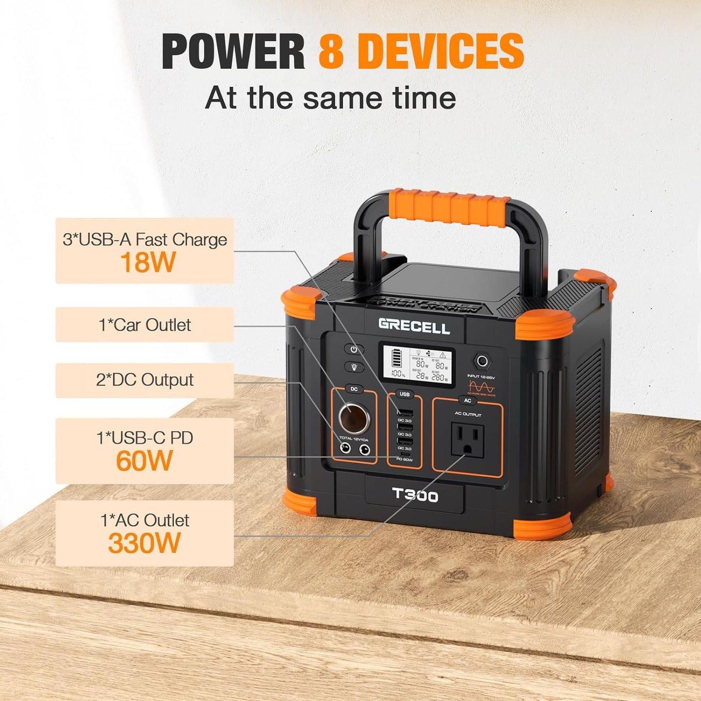 Portable Power Station 300W (Peak 600W), 288Wh Solar Generator with 60W USB-C PD Output, 110V Pure Sine Wave AC Outlet Backup Lithium Battery for Outdoors Camping Travel Hunting Home Blackout