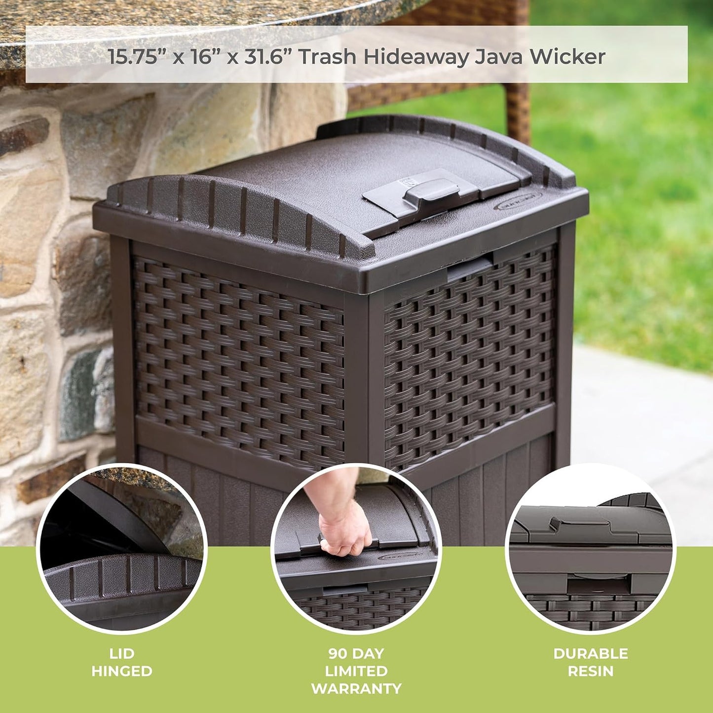 33 Gallon Hideaway Can Resin Outdoor Trash with Lid Use in Backyard, Deck, or Patio, 33-Gallon, Brown
