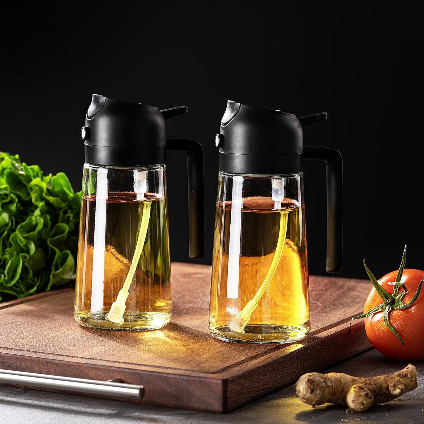 Oil Dispenser for Kitchen - 16Oz / 470Ml Olive Oil Bottle - 2 in 1 Olive Oil Dispenser & Oil Sprayer with Brush - Oil Sprayer for Cooking, Salad, Barbecue Black