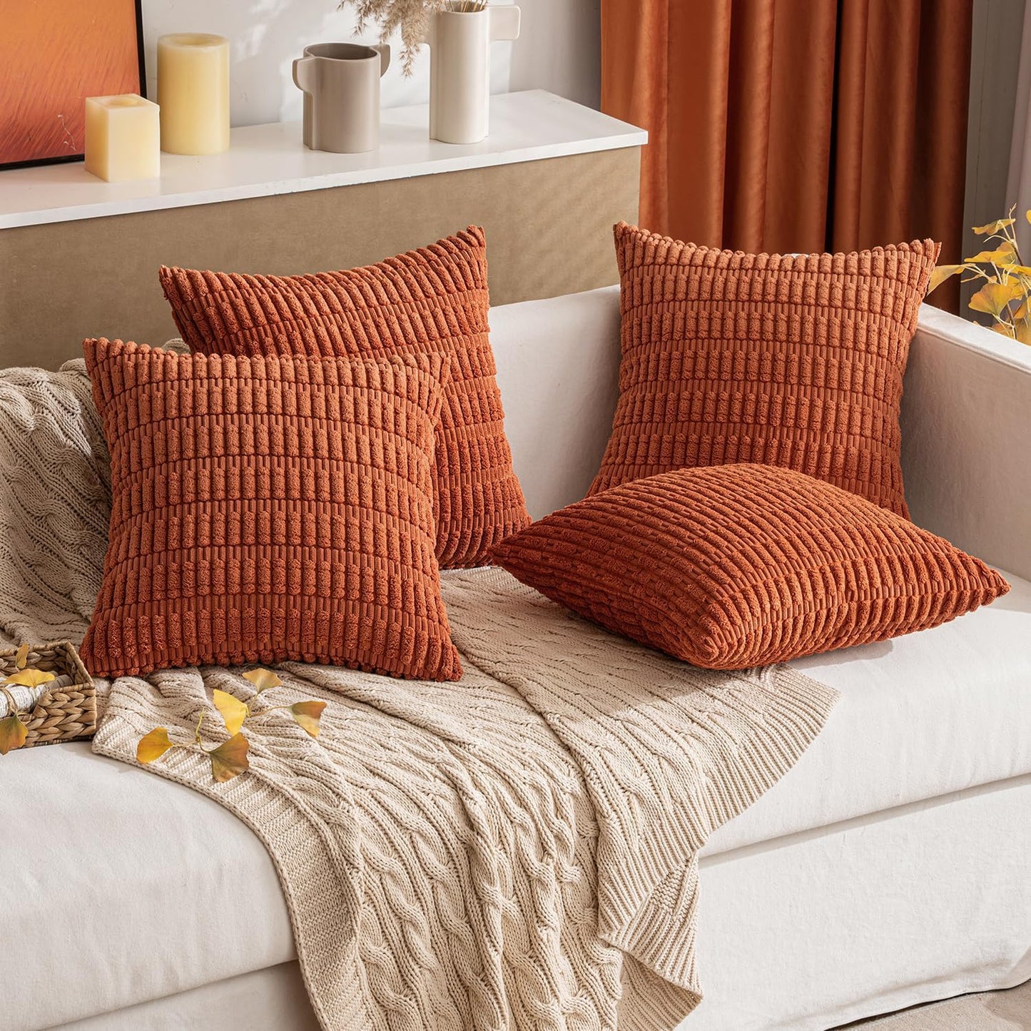 Pack of 2 Corduroy Decorative Throw Pillow Covers 18X18 Inch Soft Boho Striped Fall Pillow Covers Modern Farmhouse Home Decor for Sofa Living Room Couch Bed Rust