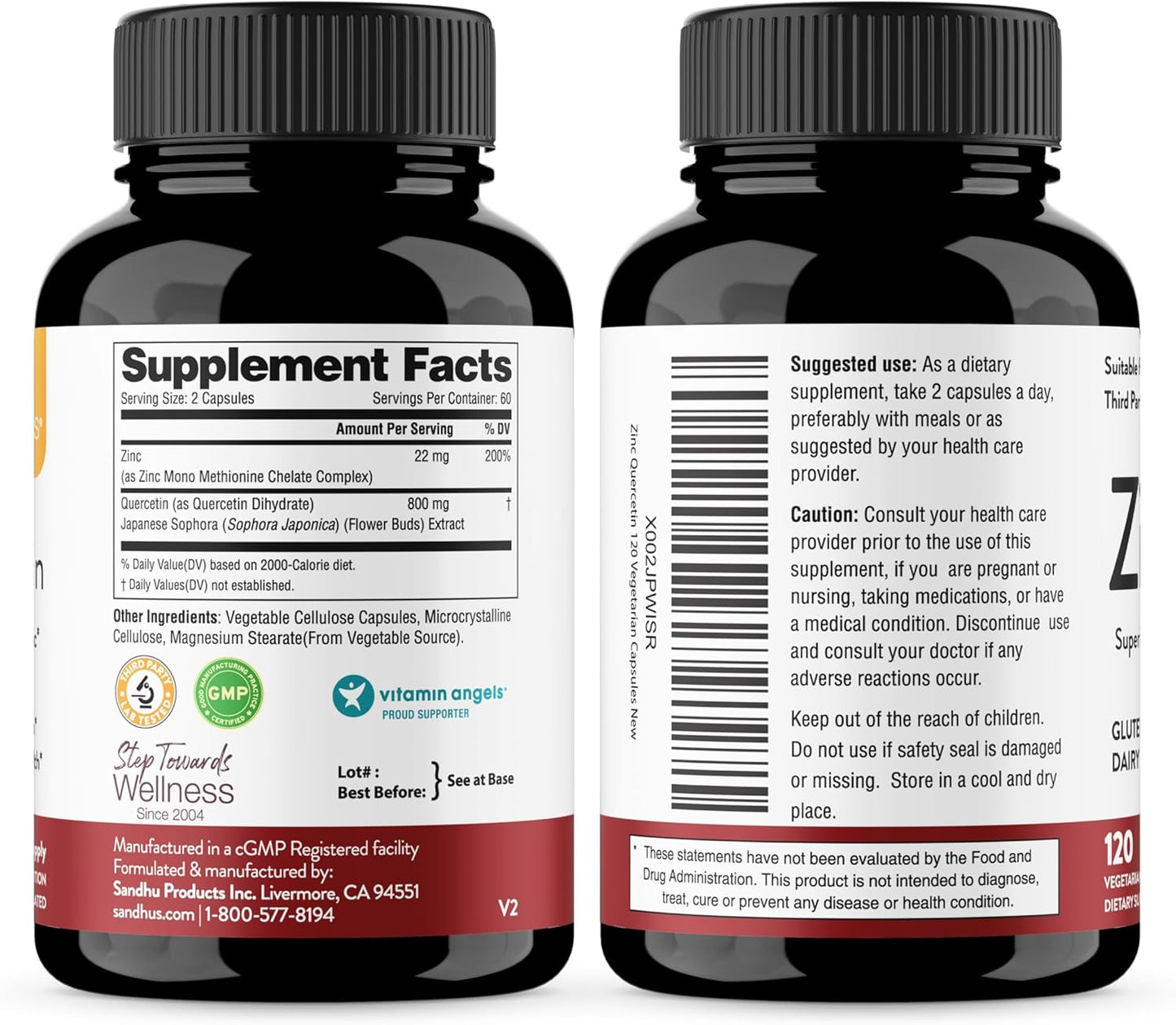 Sandhu’S Zinc Quercetin 120 Vegetarian Capsules – Zinc Supplements for Antioxidant Immune Support Zinc for Men and Women – Gluten, Soy, Dairy Free
