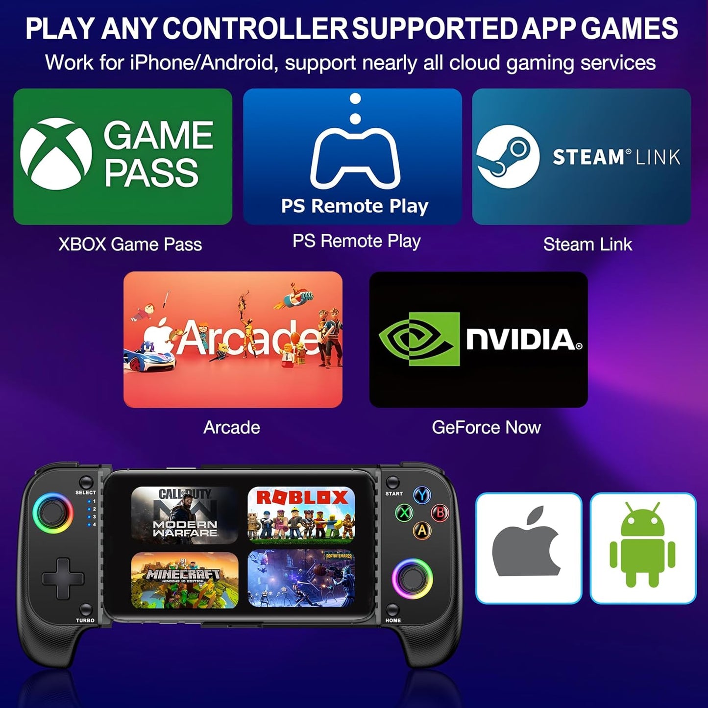 Wireless Phone Controller for Iphone/Android with Hall Joystick, RGB Controller for Iphone Support Xbox Game Pass, Playstation, Steam Link, Call of Duty, Minecraft, Roblox, Cloud Android Controller