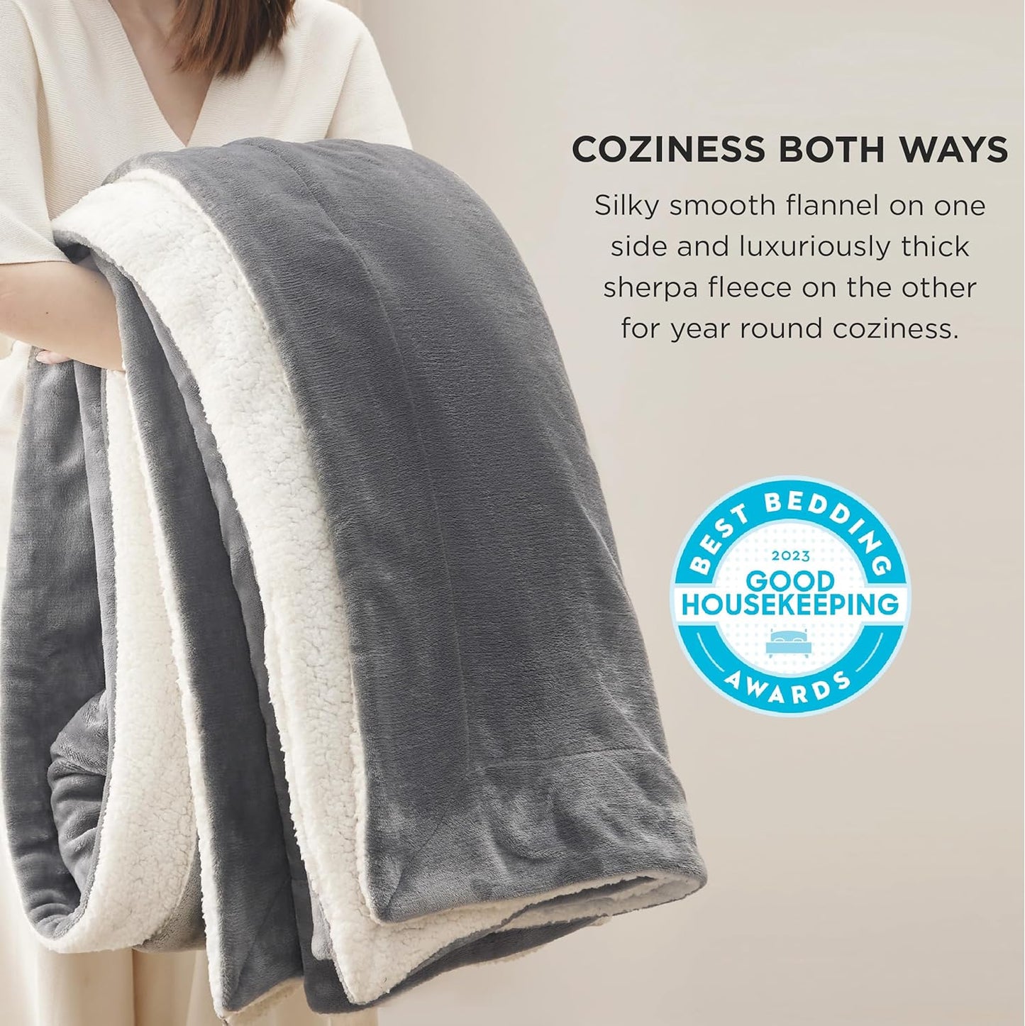 Sherpa Fleece Blankets Queen Size for Bed - Thick and Warm Blanket for Winter, Soft Fuzzy Plush Queen Blanket for All Seasons, Grey, 90X90 Inches