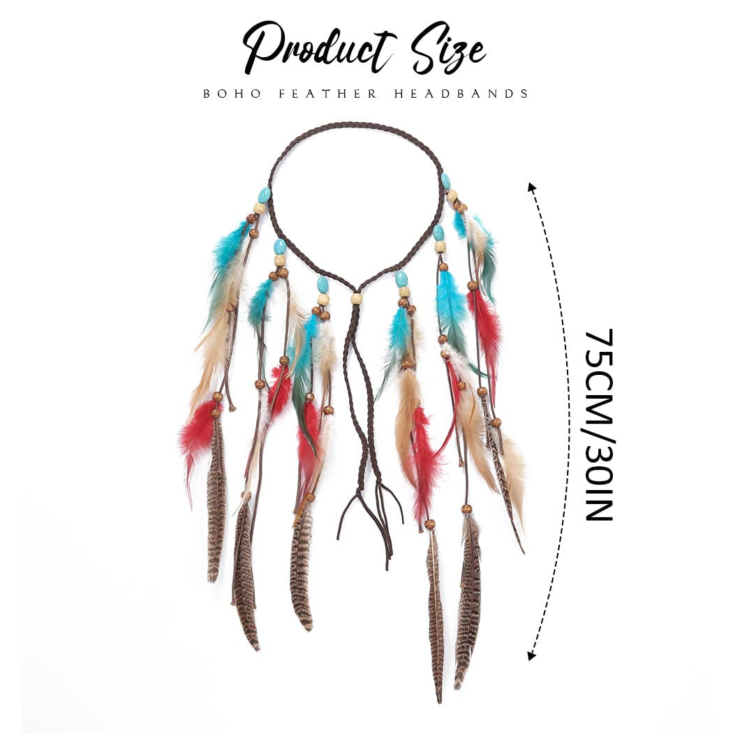 Boho Feather Headband Hippie Headpiece White Gypsy Costume Headband Indian Hair Band Festival Headdress Bohemian Feather Hair Accessory for Women and Girls (A-Blue+Red)