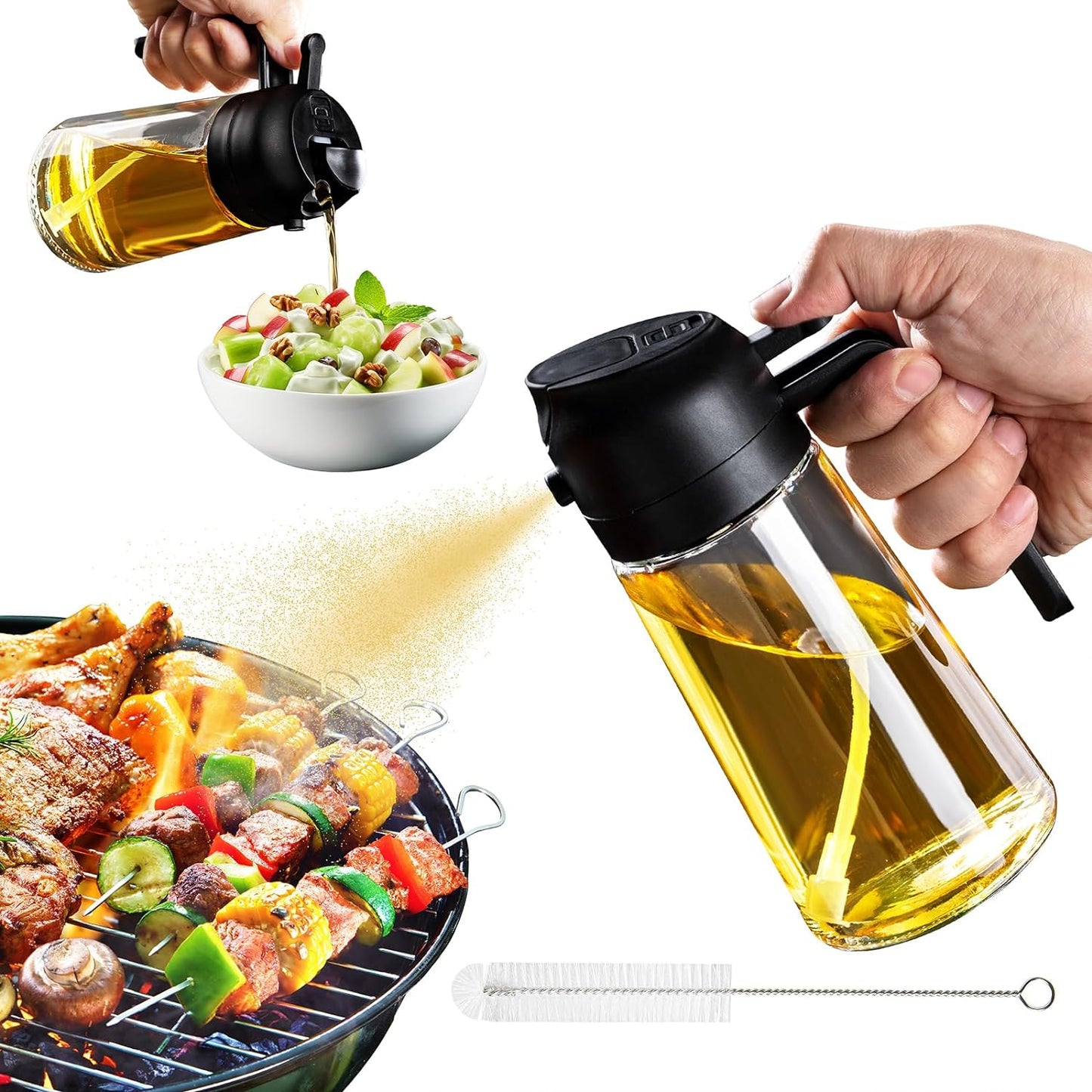 Oil Dispenser for Kitchen - 16Oz / 470Ml Olive Oil Bottle - 2 in 1 Olive Oil Dispenser & Oil Sprayer with Brush - Oil Sprayer for Cooking, Salad, Barbecue Black