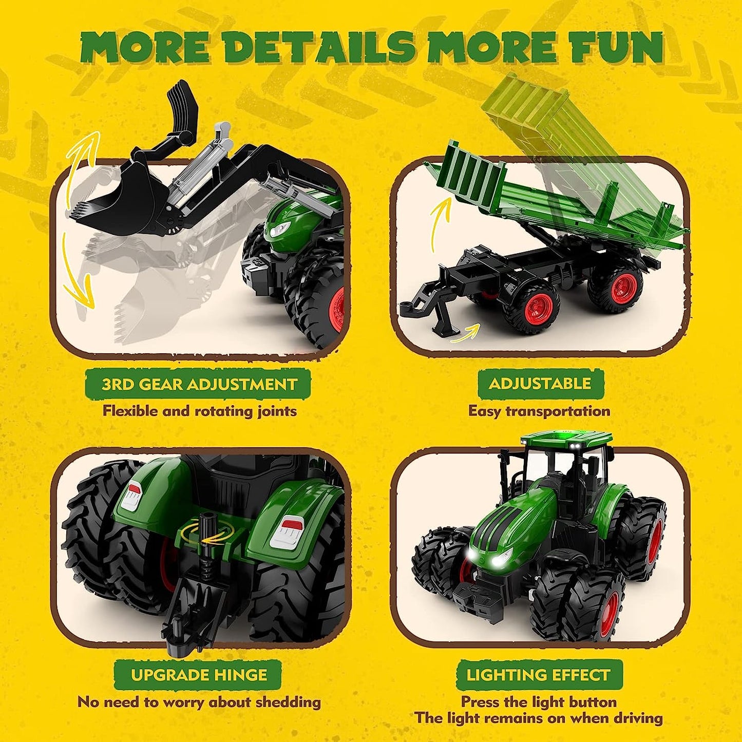 Remote Control Tractor Toy, Kids RC Tractor Set & Truck and Trailer Front Loader - Metal Car Head/8 Wheel/Light, Toddlers Farm Vehicle Toys for 3 4 5 6 7 8 9 Year Old Boys Girls Birthday Gift