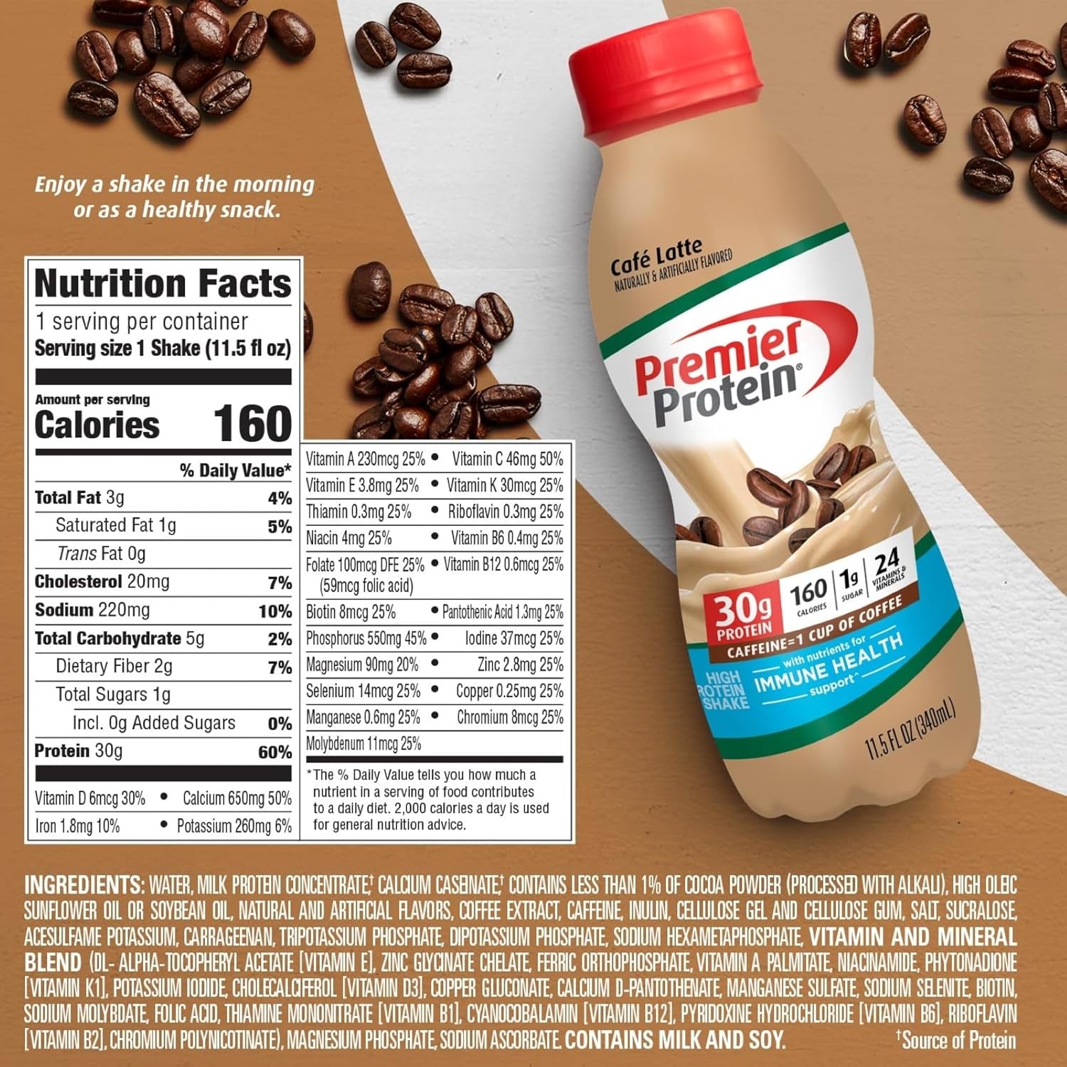 Shake, Café Latte, 30G Protein, 1G Sugar, 24 Vitamins & Minerals, Nutrients to Support Immune Health 11.5 Fl Oz, 12 Pack
