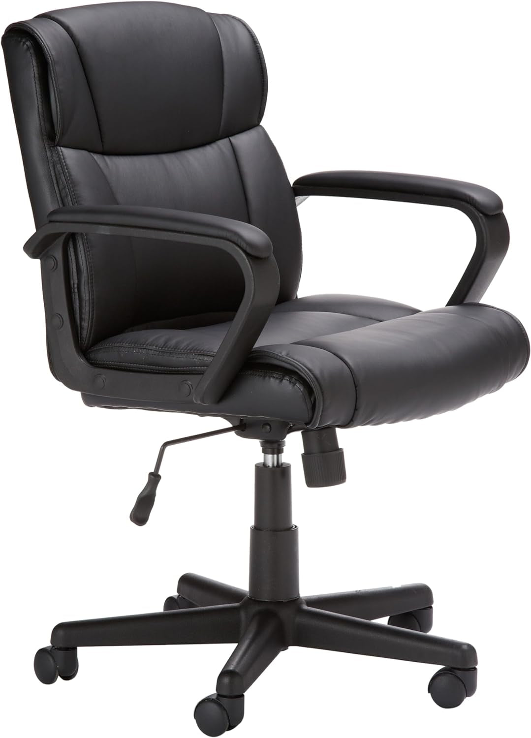 Office Computer Task Desk Chair with Padded Armrests, Mid-Back, Adjustable, 360 Swivel, Rolling, 275 Pound Capacity, BIFMA Certified, 24.2"D X 24"W X 34.8"H, Black Faux Leather