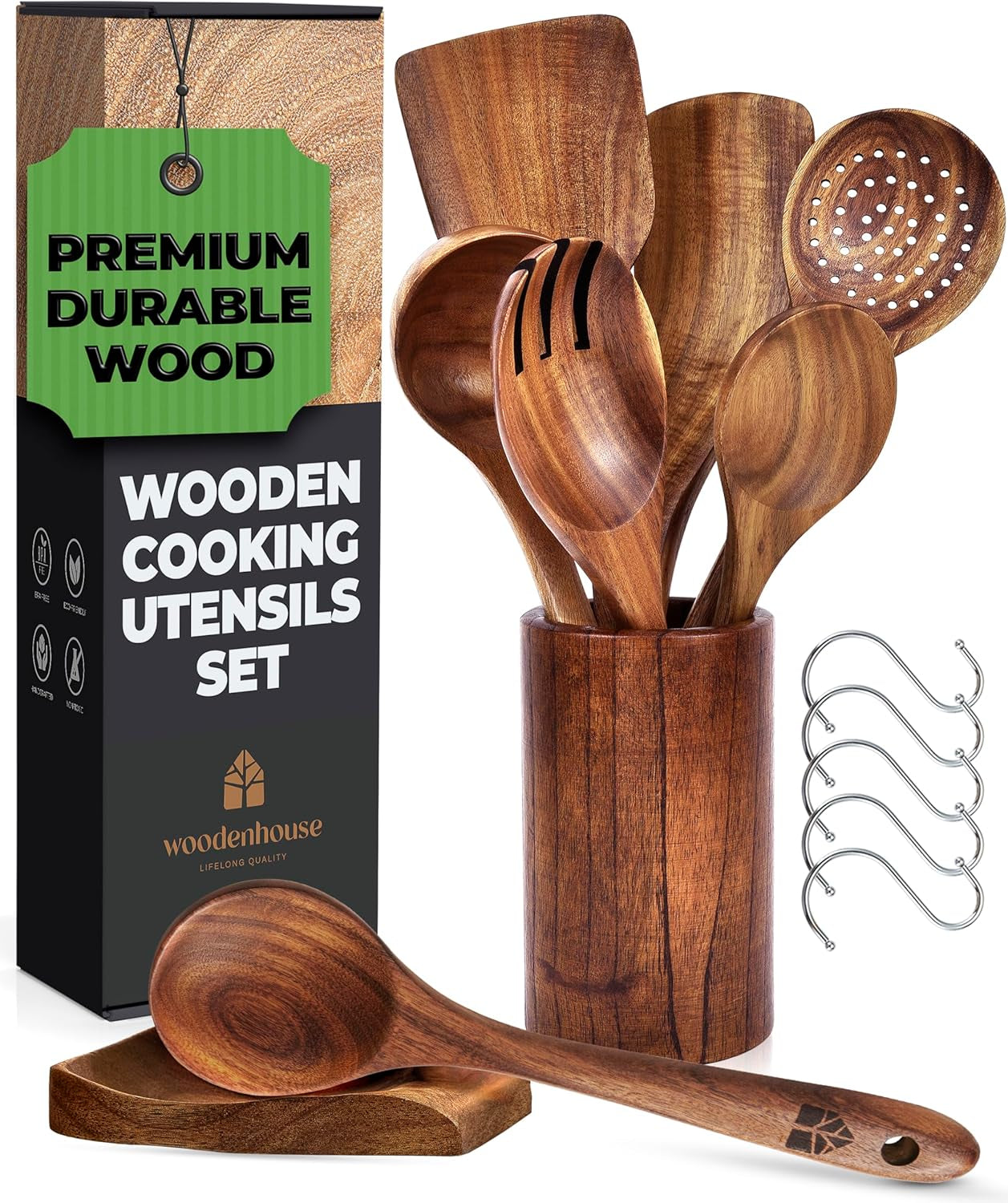 Wooden Spoons for Cooking, Wooden Cooking Utensils Set, Wooden Utensil Set with Holder, Spoon Rest & Hooks, Kitchen Gifts for Women, Kitchen Cookware – Durable Set of 8Pcs by Woodenhouse