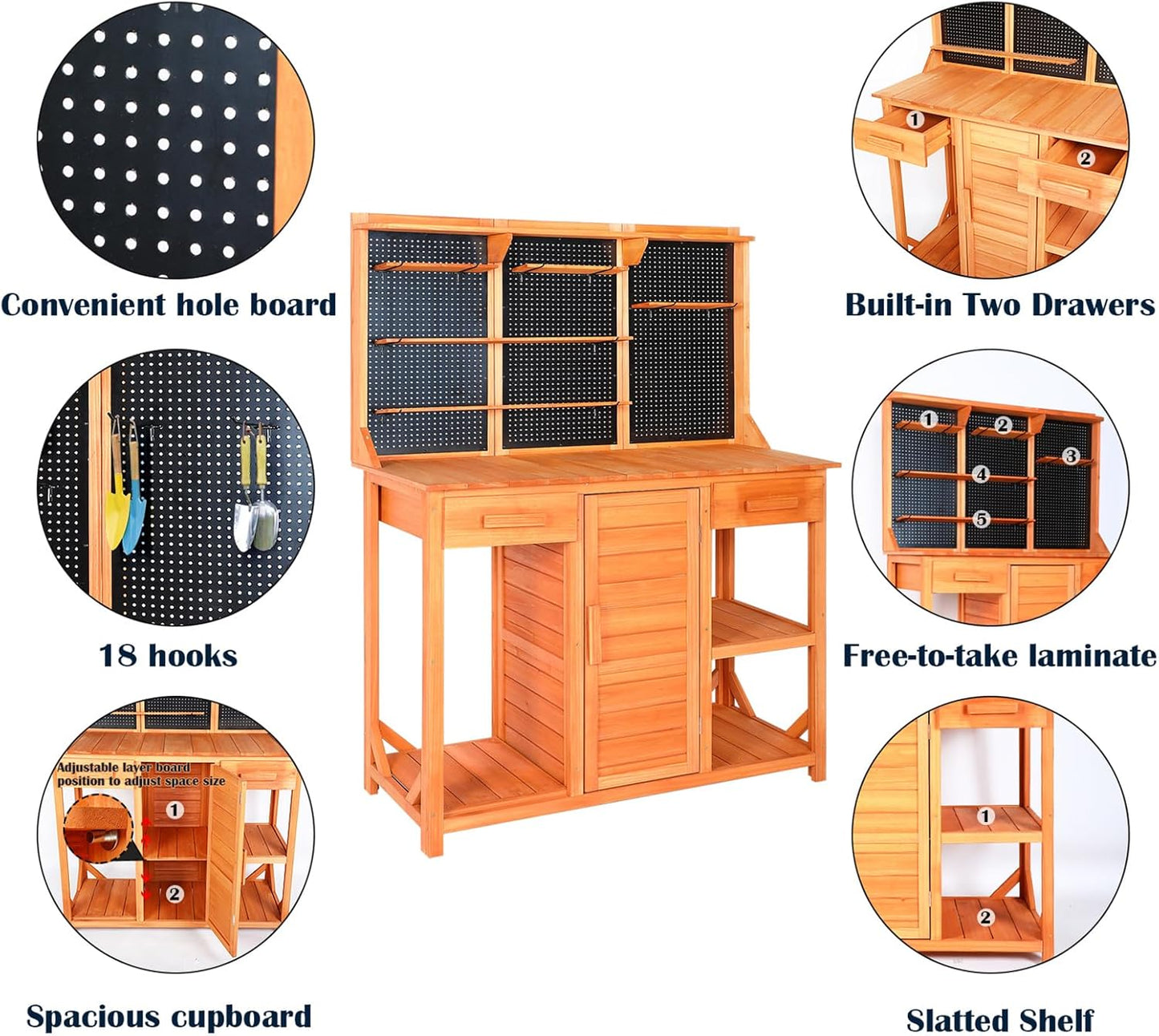 Outdoor Potting Bench Table with Large Space Storage,Drawer Garden Work Bench with Cabinet Adjustable Shelf/Hooks,Wooden Gardening Potting Bench for Backyard,Patio.(45X49X14 ) Inches