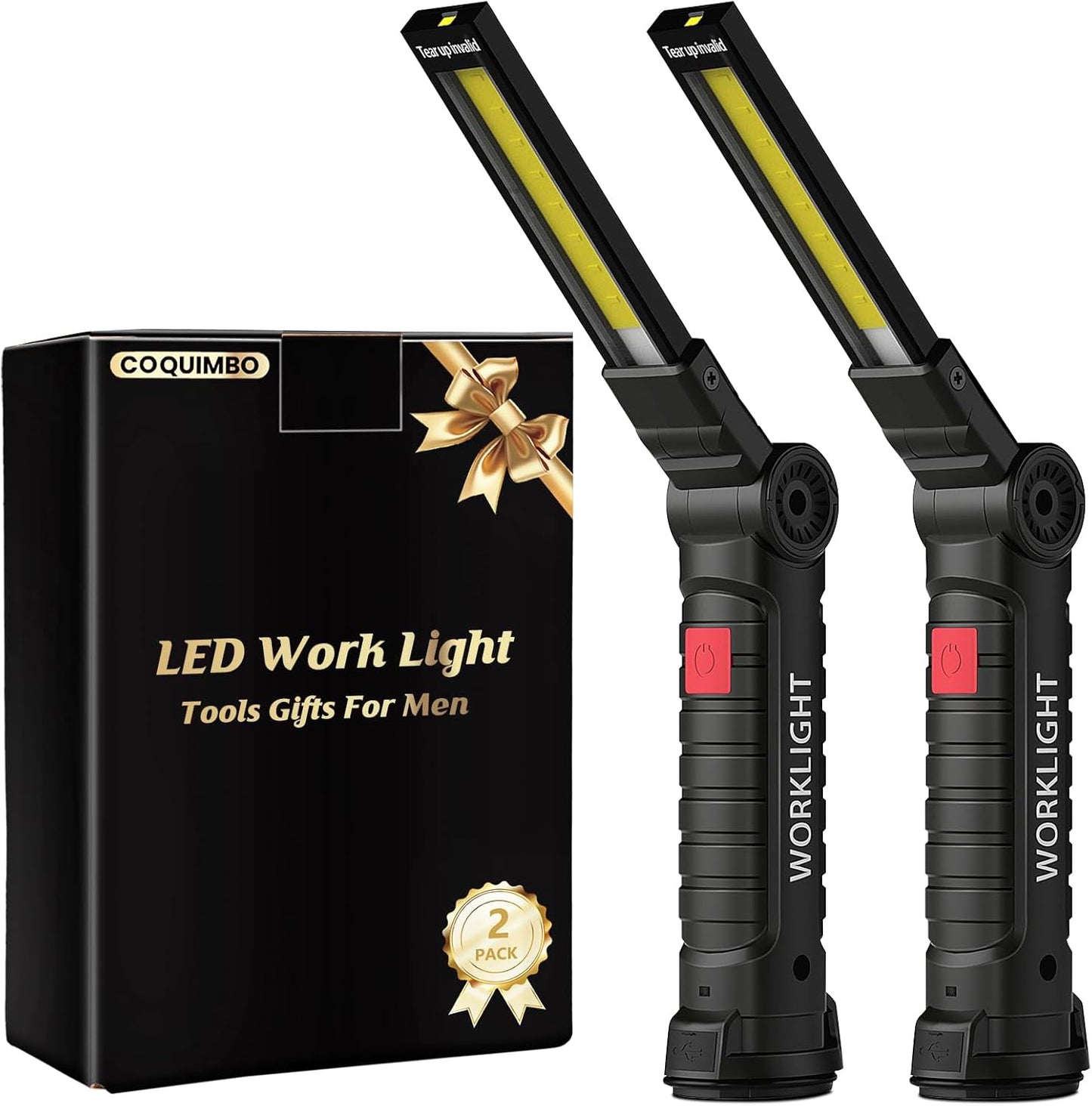 Tool Gifts for Men, Rechargeable LED Work Light Grill Light with Magnetic Base 5 Modes 360° Rotate (2Pack Black)