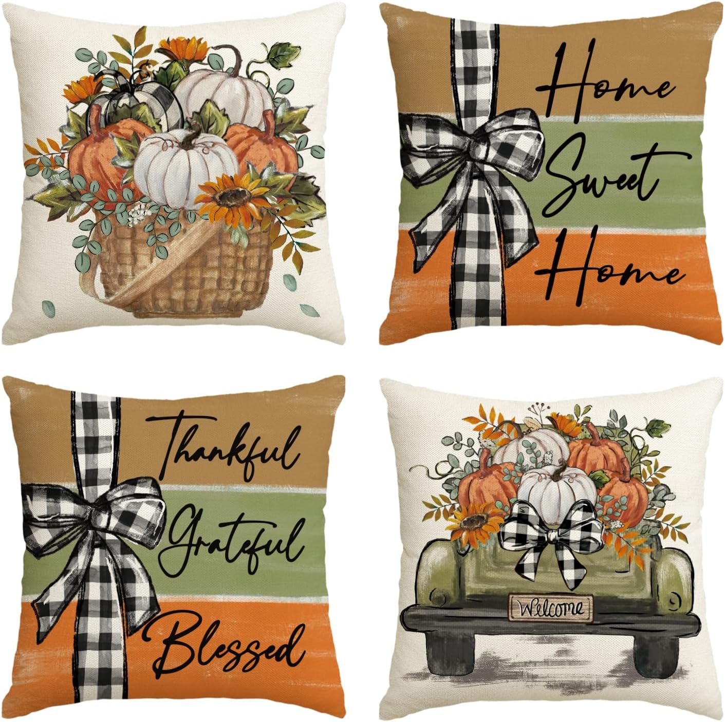 Fall Pumpkin Truck Sunflowers Home Sweet Home Throw Pillow Covers, 18 X 18 Inch Autumn Thankful Grateful Blessed Harvest Floral Decorations for Sofa Couch Set of 4