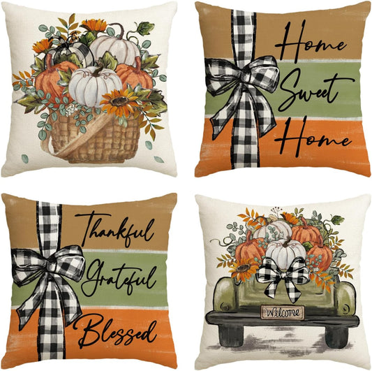 Fall Pumpkin Truck Sunflowers Home Sweet Home Throw Pillow Covers, 18 X 18 Inch Autumn Thankful Grateful Blessed Harvest Floral Decorations for Sofa Couch Set of 4