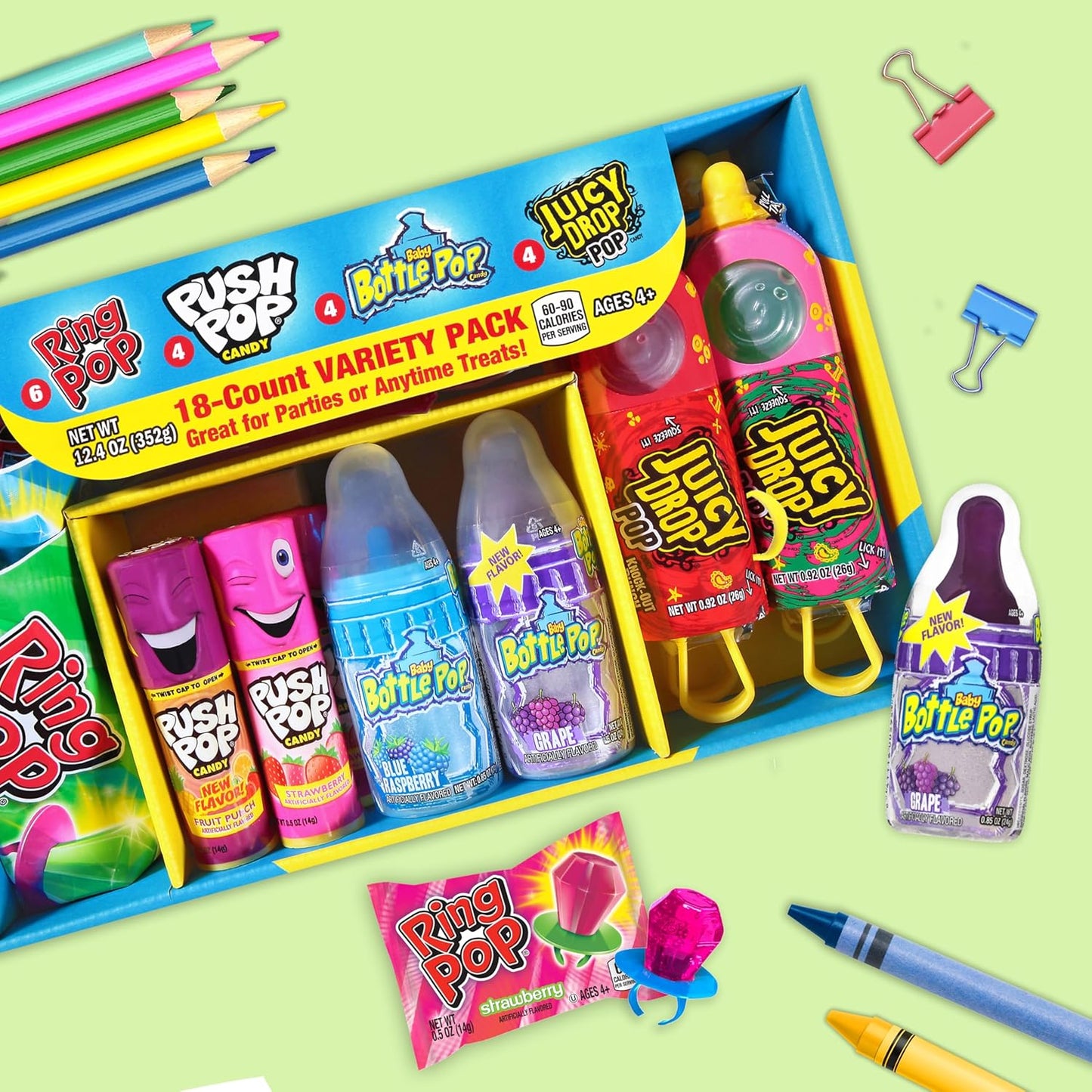Candy Variety Pack - 18 Count Assorted Lollipops - Ring Pop, Push Pop, Baby Bottle Pop & Juicy Drop - Ideal for Birthdays, Party Favors, Celebrations & Candy Gifts by