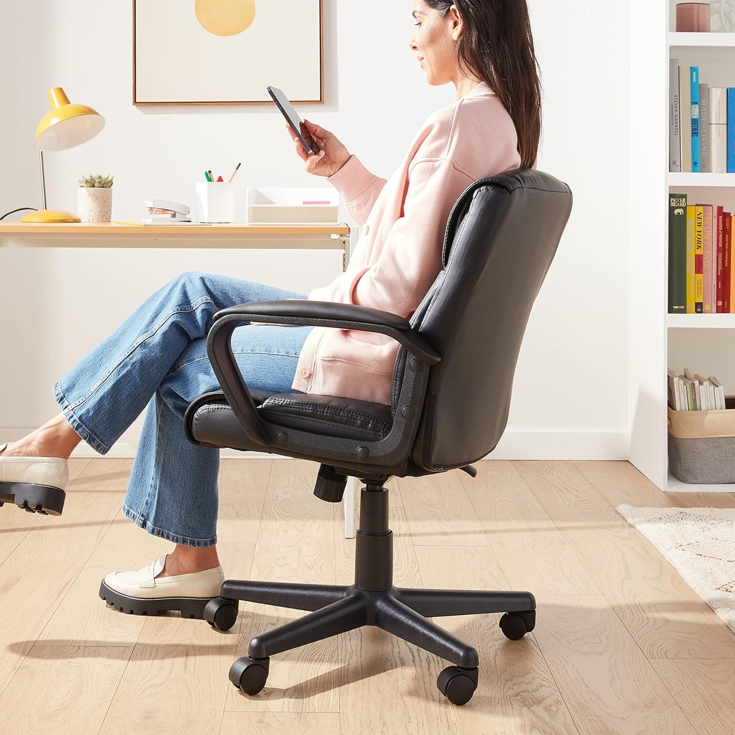 Office Computer Task Desk Chair with Padded Armrests, Mid-Back, Adjustable, 360 Swivel, Rolling, 275 Pound Capacity, BIFMA Certified, 24.2"D X 24"W X 34.8"H, Black Faux Leather