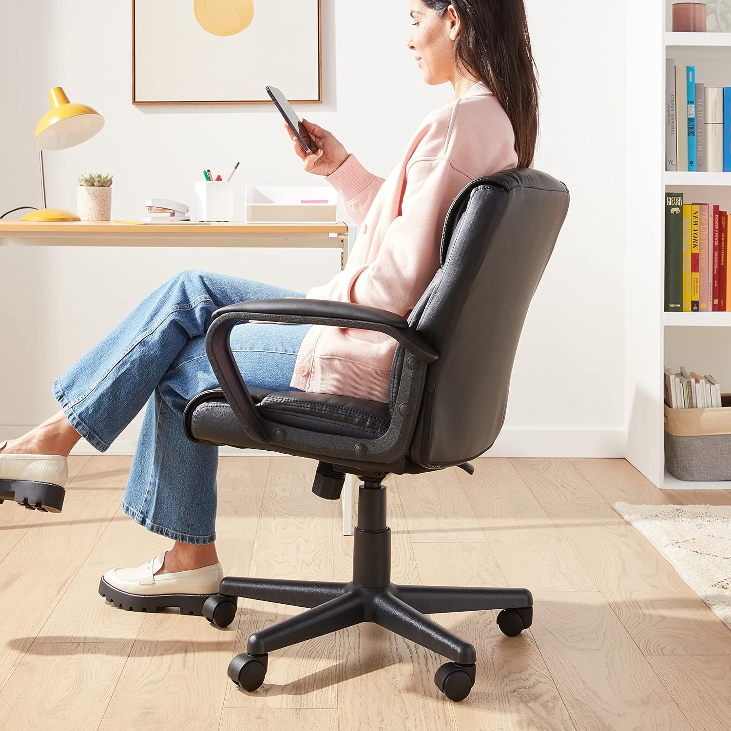 Office Computer Task Desk Chair with Padded Armrests, Mid-Back, Adjustable, 360 Swivel, Rolling, 275 Pound Capacity, BIFMA Certified, 24.2"D X 24"W X 34.8"H, Black Faux Leather