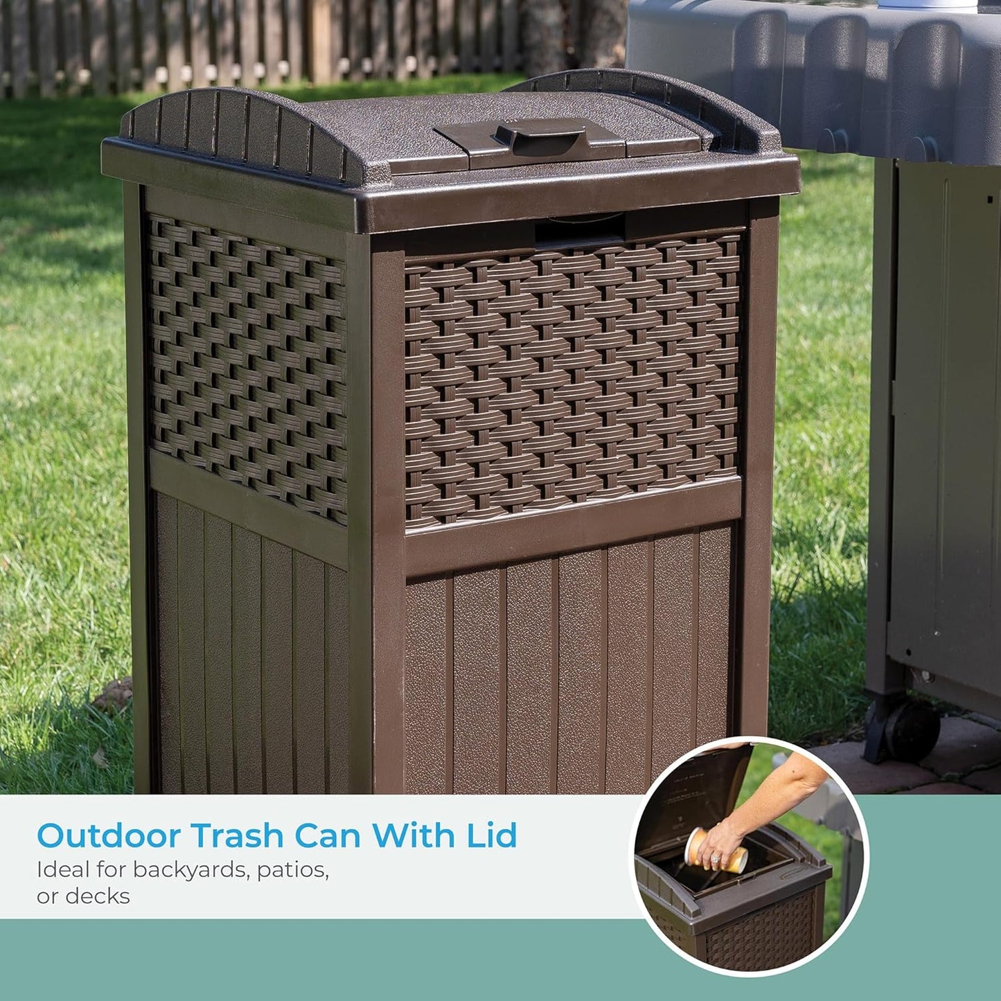 33 Gallon Hideaway Can Resin Outdoor Trash with Lid Use in Backyard, Deck, or Patio, 33-Gallon, Brown